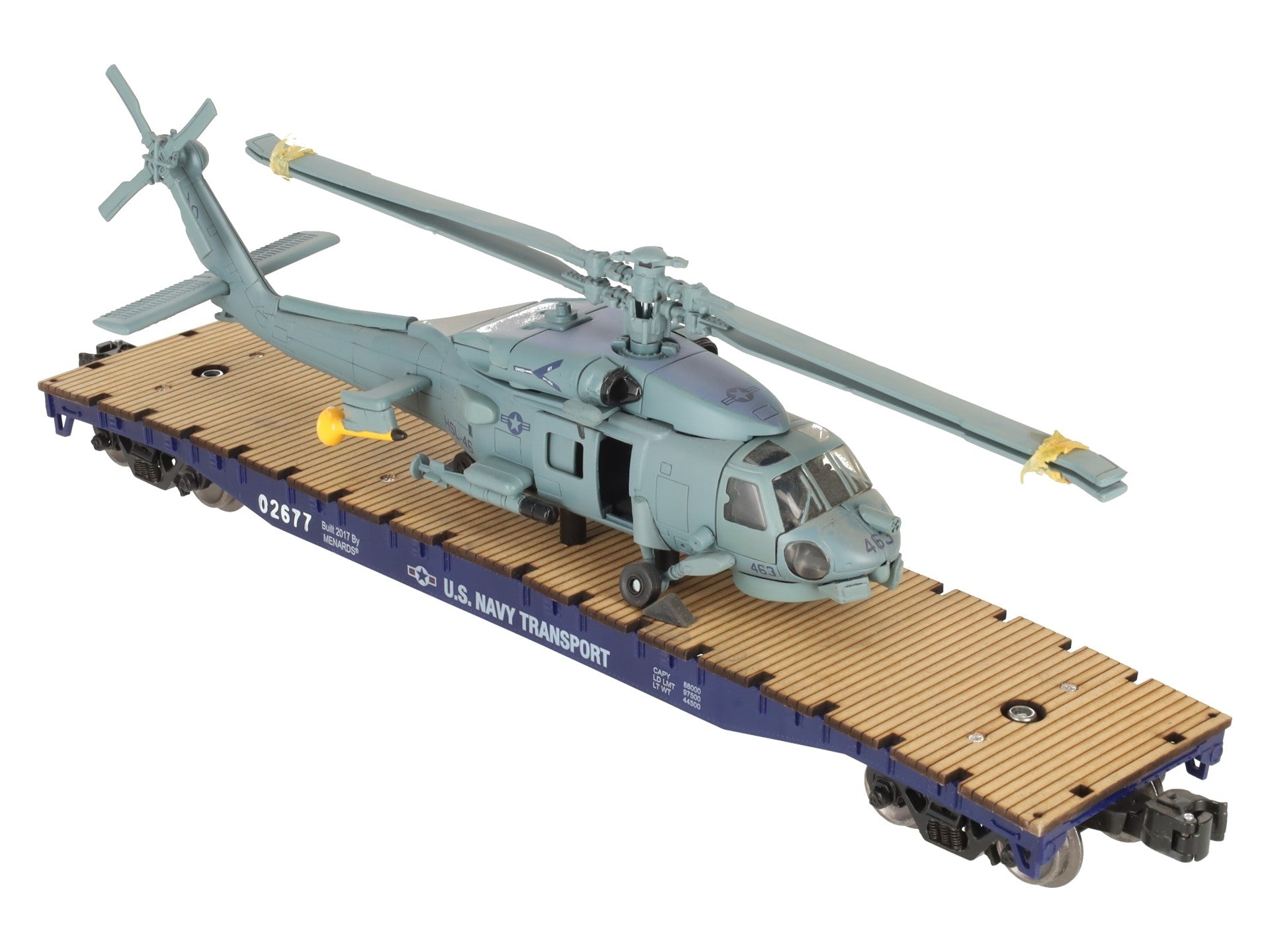 Menards 279-3398 O US Navy Flatcar w/ Navy Helicopter #02677 EX/Box
