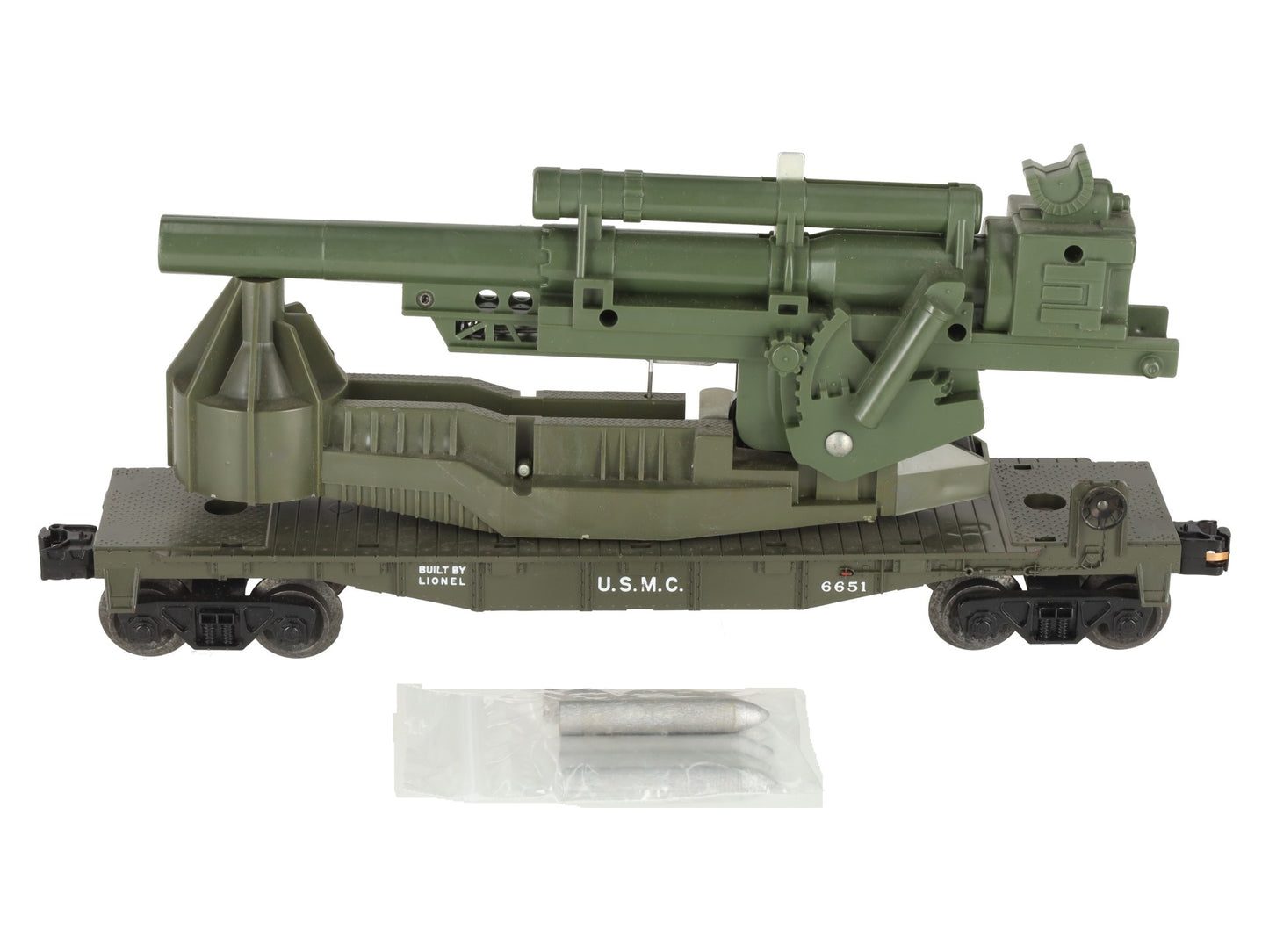 Lionel 6651 Vintage O USMC Olive Drab Cannon Car w/ Shells EX