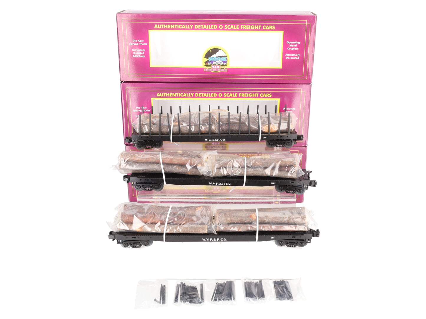 MTH 20-98103 O Gauge West Virginia Pulp & Paper Stake Flatcars (Set of 3) EX/Box