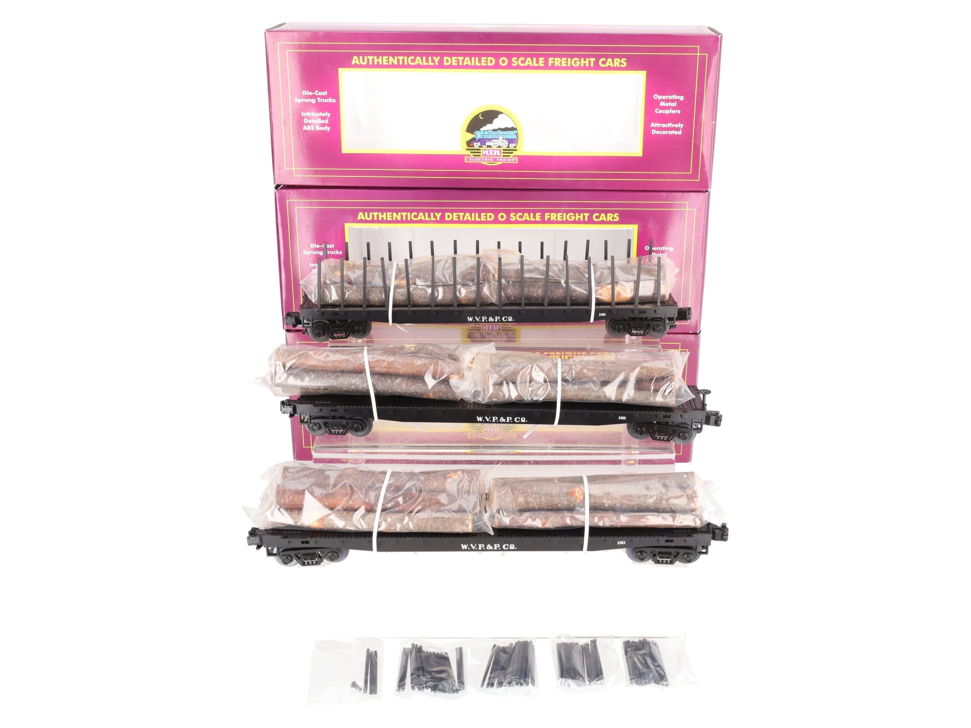 MTH 20-98103 O Gauge West Virginia Pulp & Paper Stake Flatcars (Set of 3) EX/Box