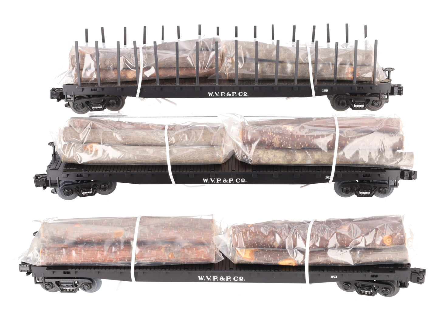 MTH 20-98103 O Gauge West Virginia Pulp & Paper Stake Flatcars (Set of 3) EX/Box
