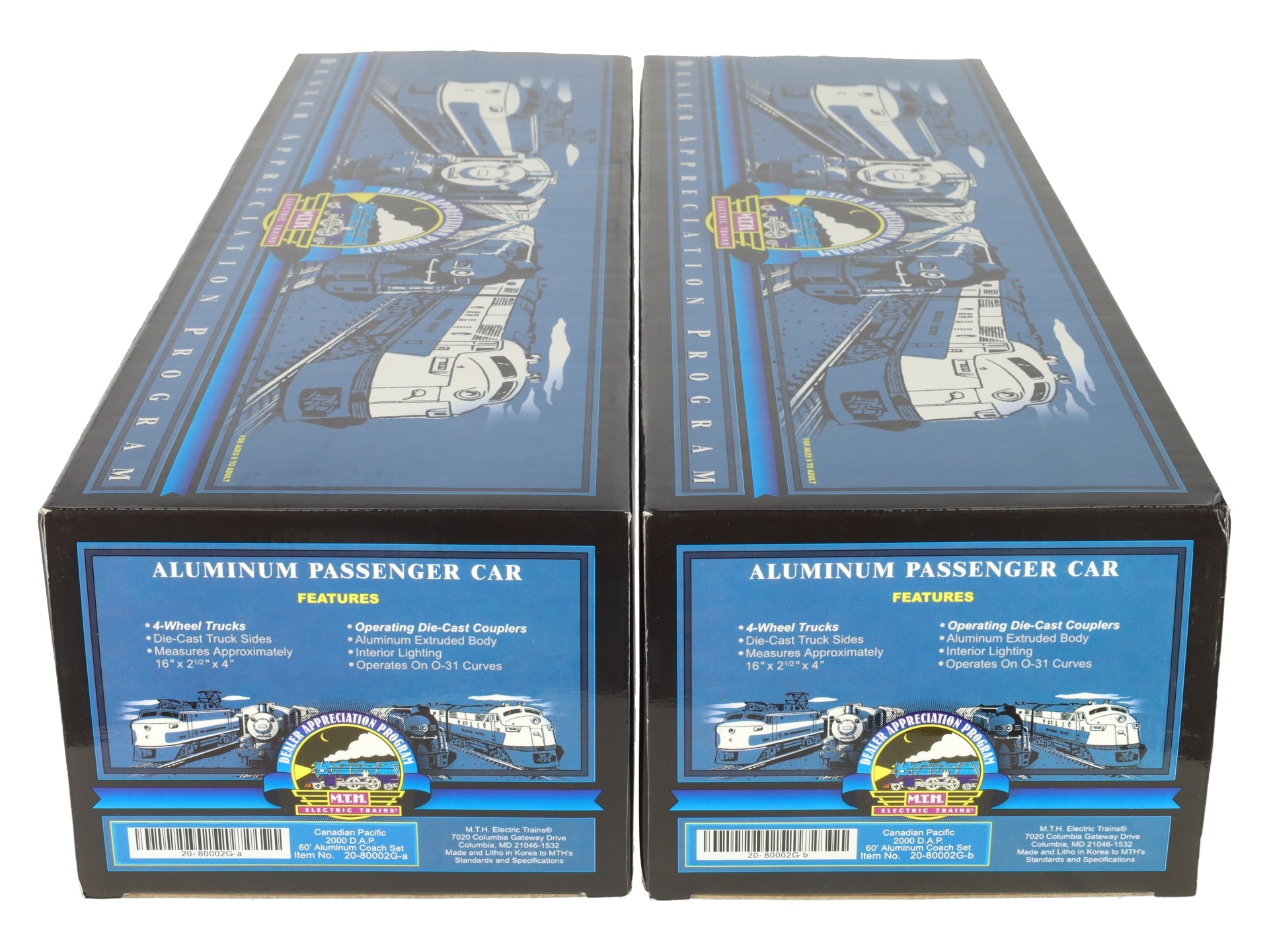 MTH 20-80002G O CP 2000 DAP 60' Aluminum Passenger Coach Set (Set of 2) LN/Box