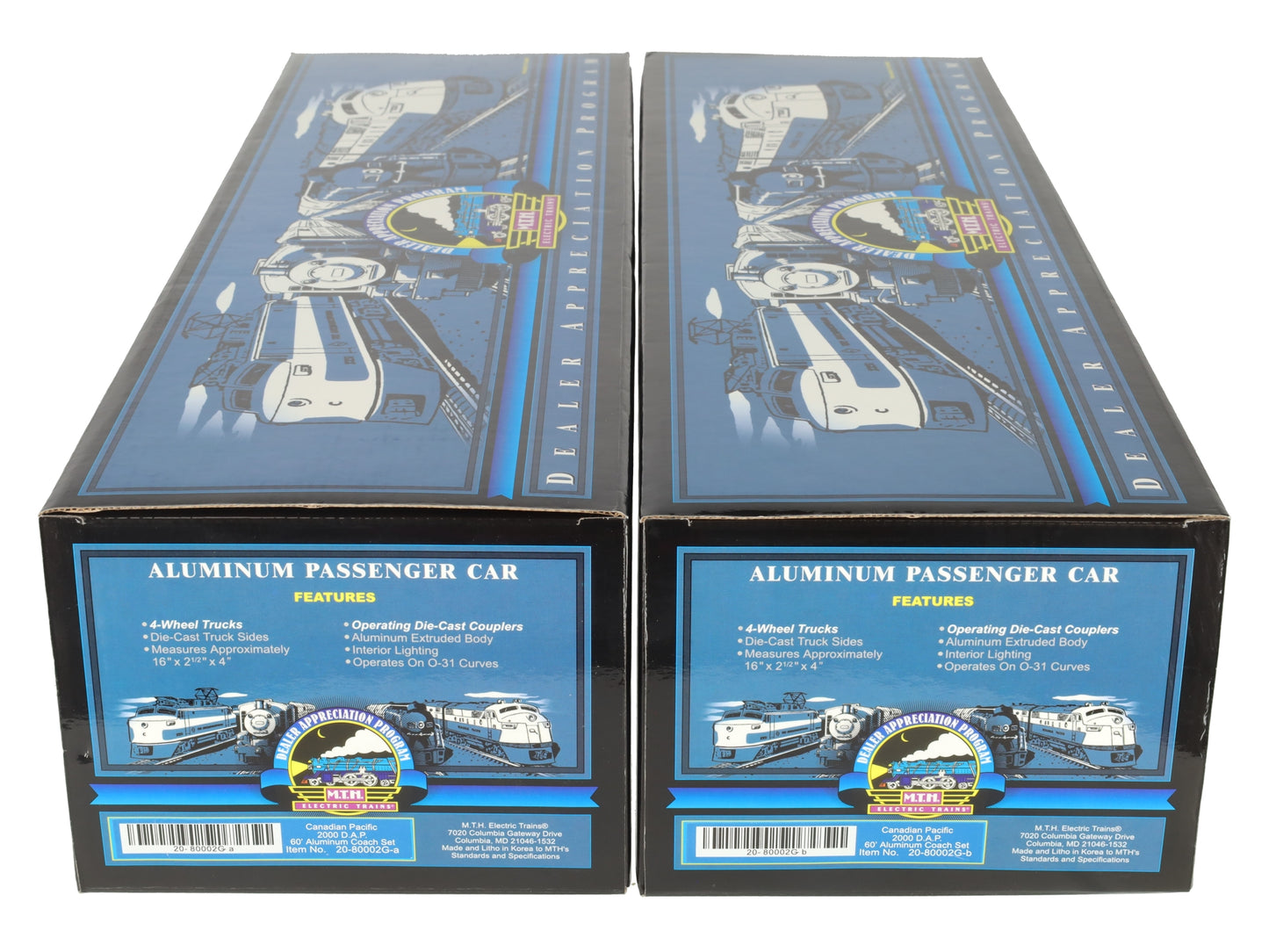 MTH 20-80002G O CP 2000 DAP 60' Aluminum Passenger Coach Set (Set of 2) LN/Box
