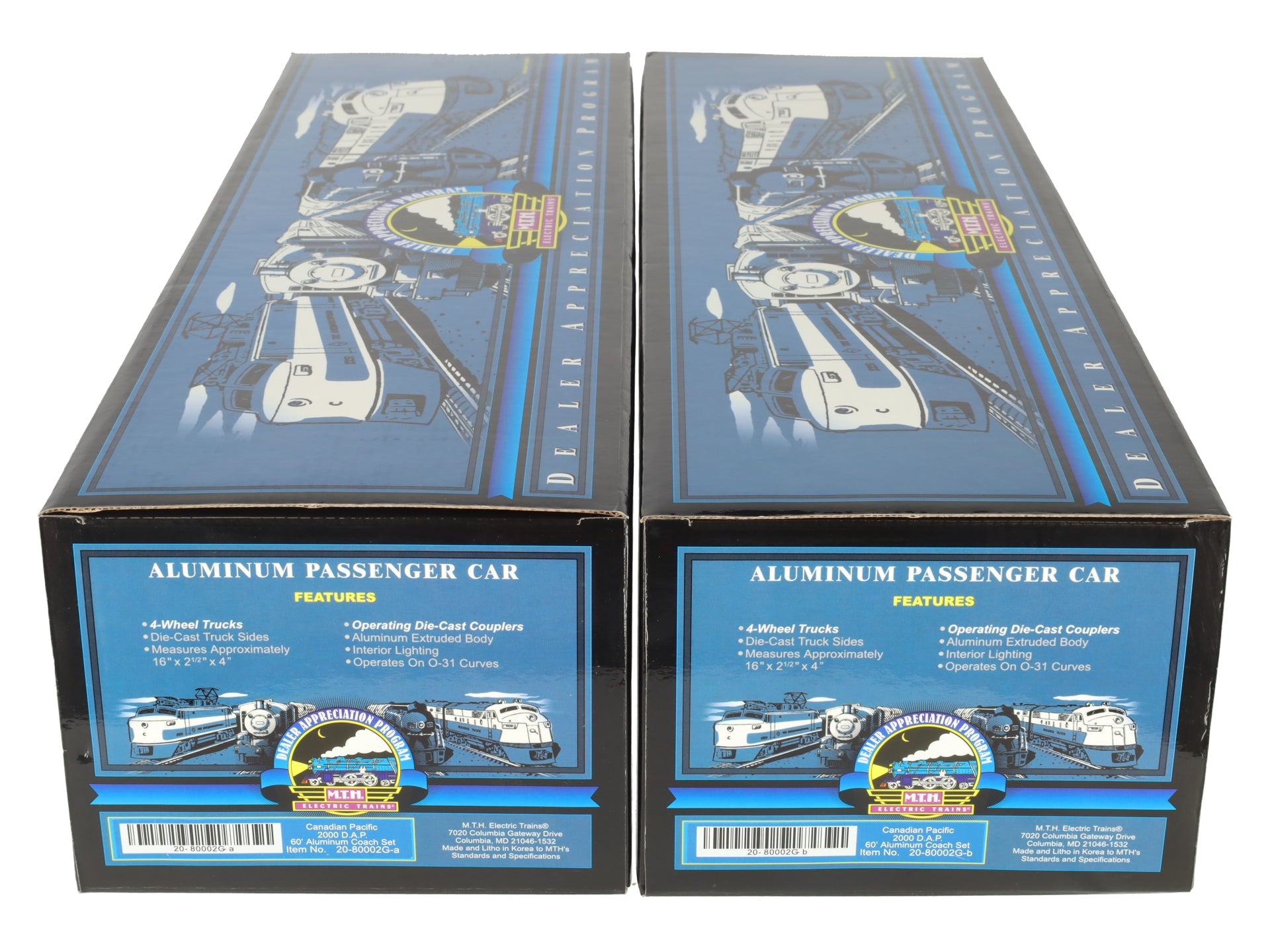 MTH 20-80002G O CP 2000 DAP 60' Aluminum Passenger Coach Set (Set of 2) LN/Box