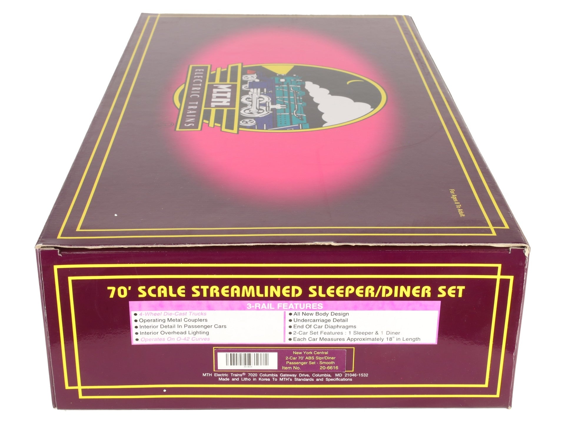 MTH 20-6616 O Gauge NYC 70' Streamlined Sleeper/Diner Passenger Cars Set LN/Box