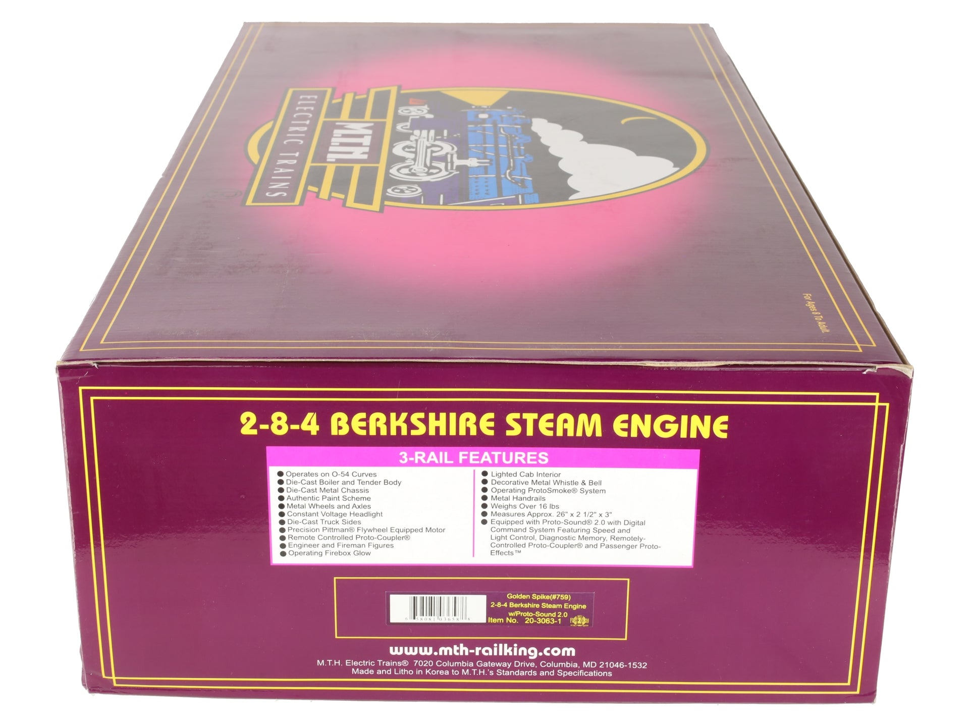 MTH 20-3063-1 O Berkshire Golden Spike 2-8-4 Steam Loco & Tender #759 w/PS2 EX/Box