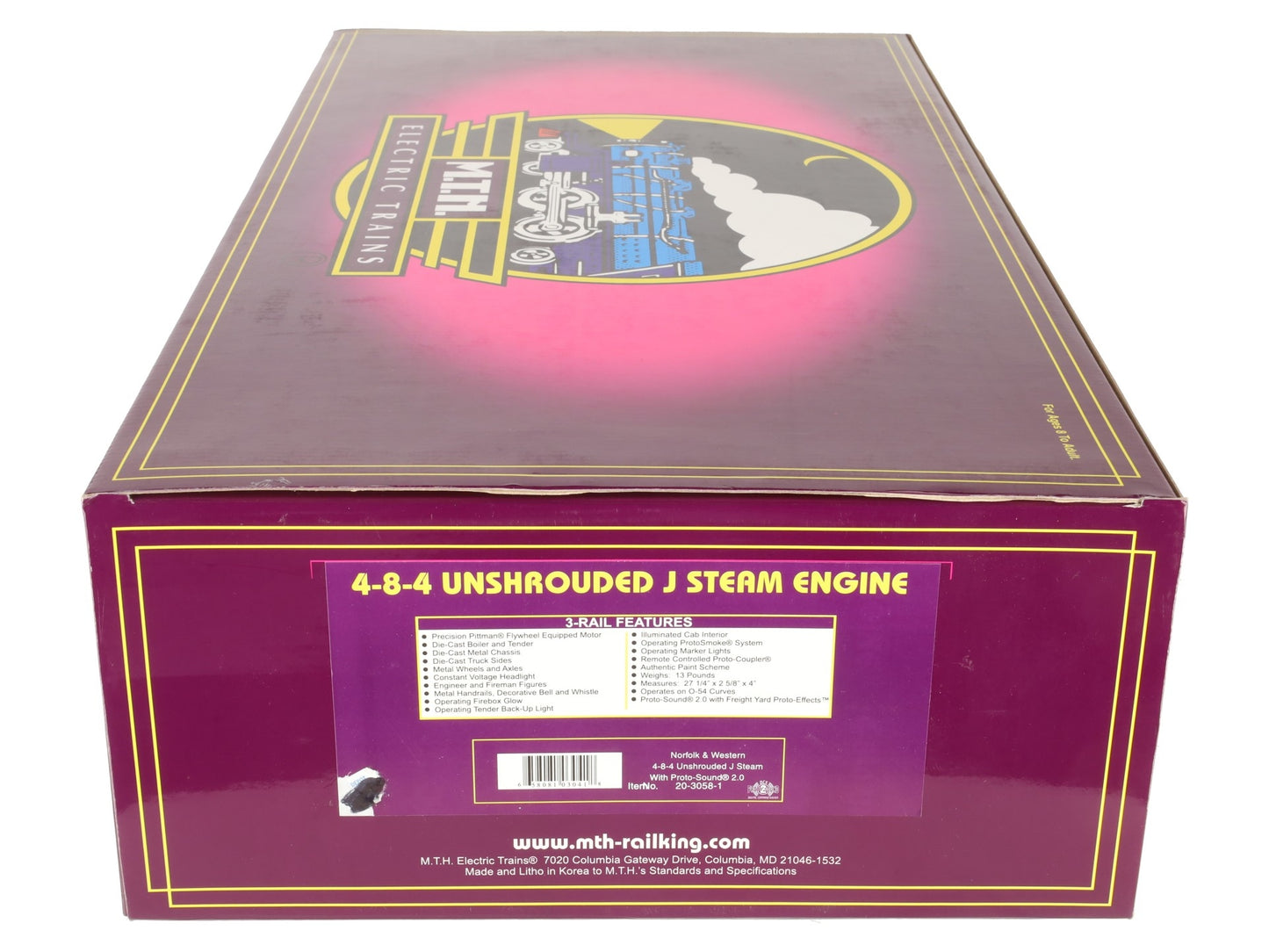 MTH 20-3058-1 N&W 4-8-4 Unshrouded J-Class Steam Loco & Tender #605 with PS2 EX/Box