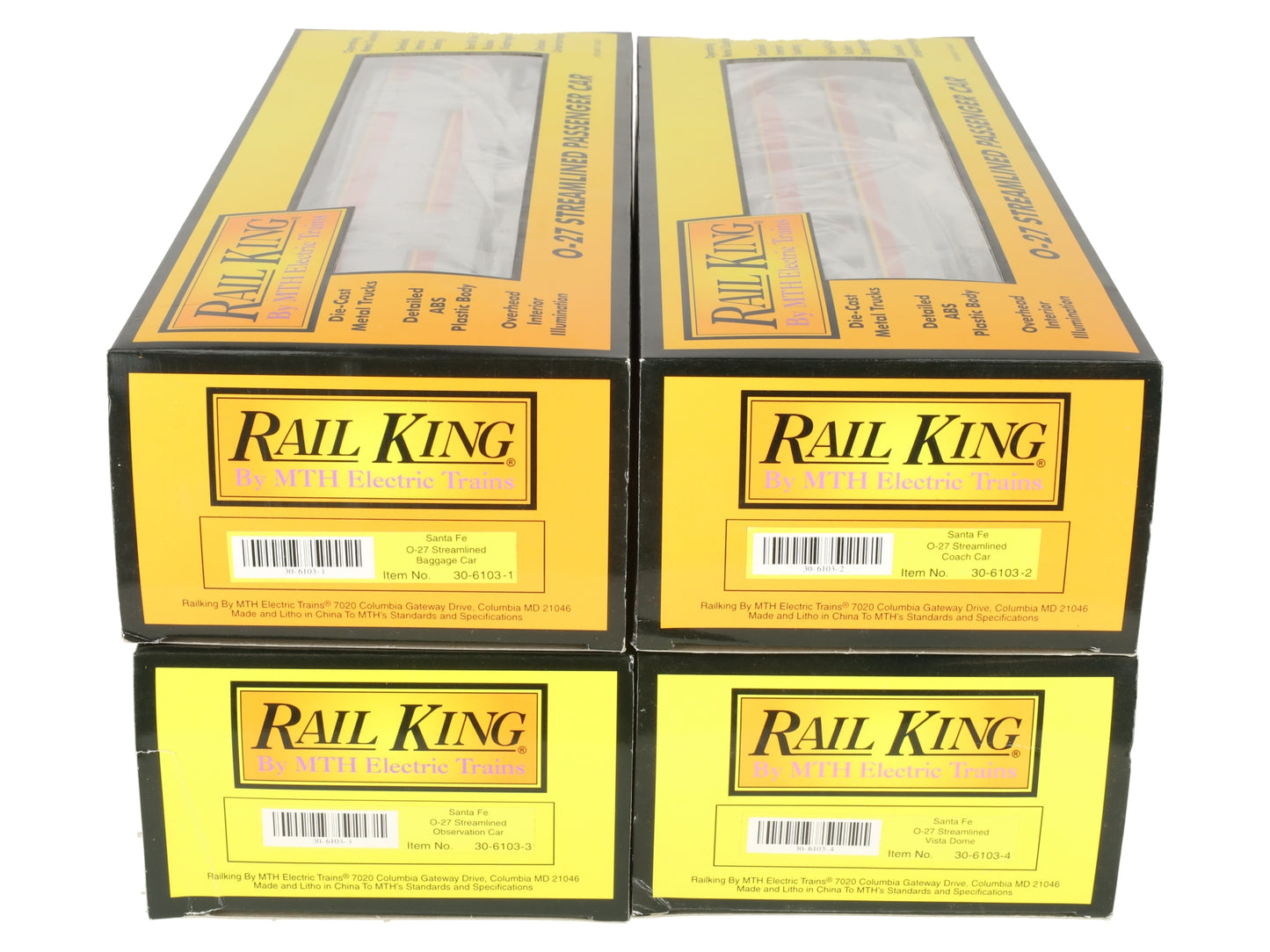 MTH 30-6103 O Santa Fe RailKing O-27 Streamlined Passenger Car Set (Set of 4) LN/Box