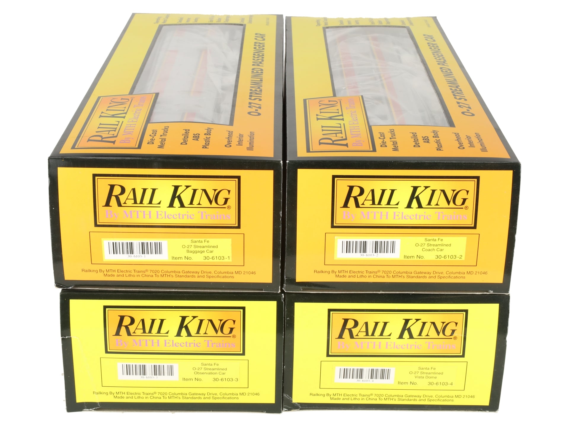 MTH 30-6103 O Santa Fe RailKing O-27 Streamlined Passenger Car Set (Set of 4) LN/Box