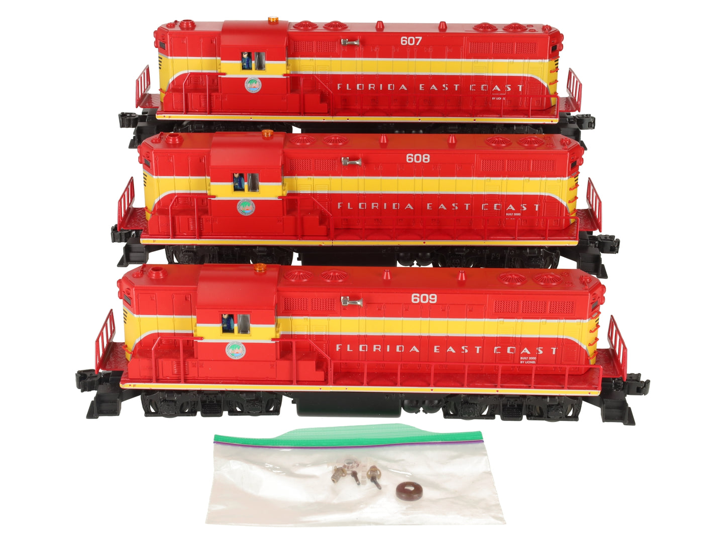 Lionel 6-28509 O Gauge FEC GP7 Triple Lashup Diesel Locomotive Set #607/608/609 VG