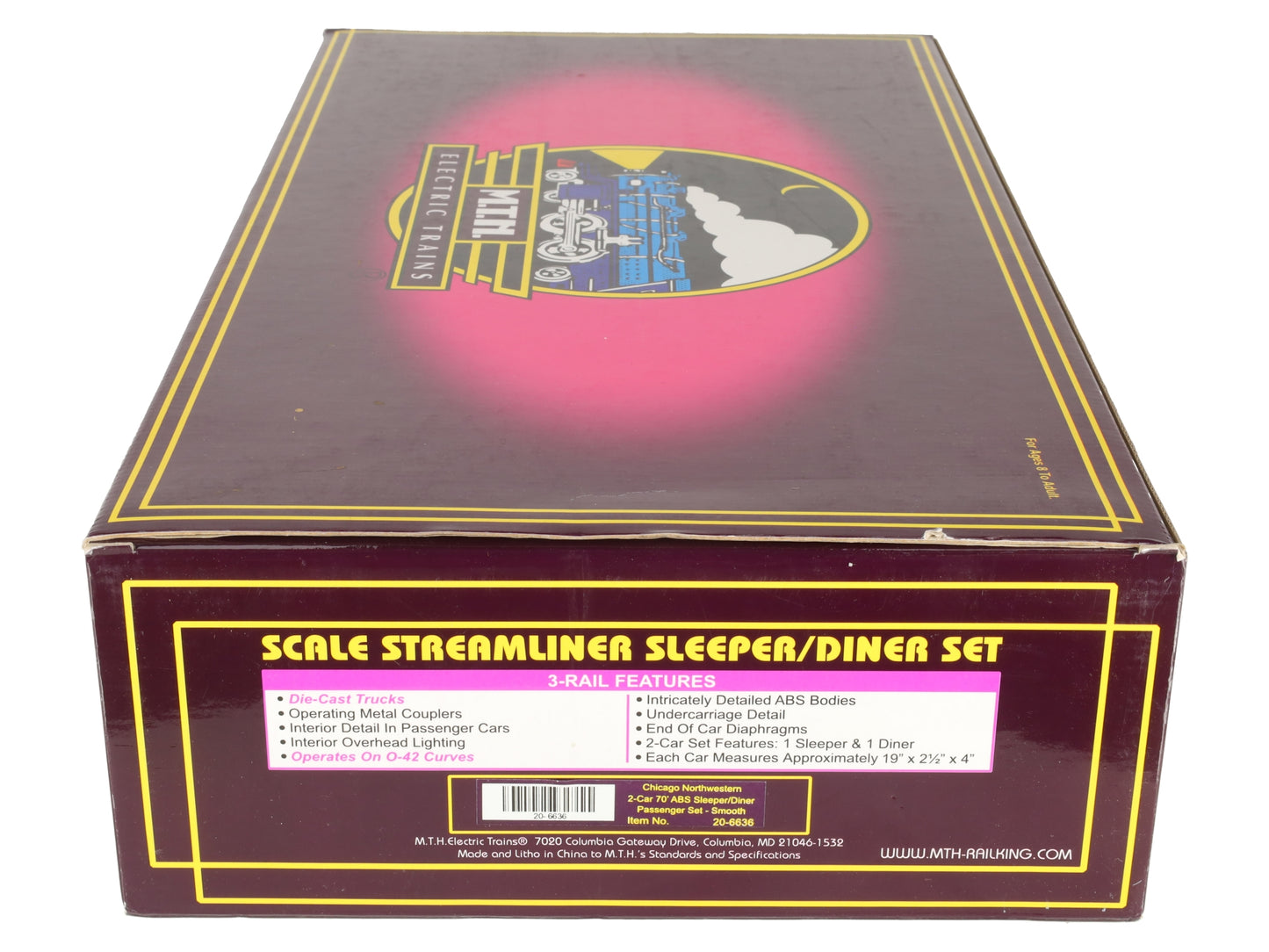 MTH 20-6636 O Gauge C&NW 70' Streamlined Sleeper/Diner Passenger Car Set LN/Box