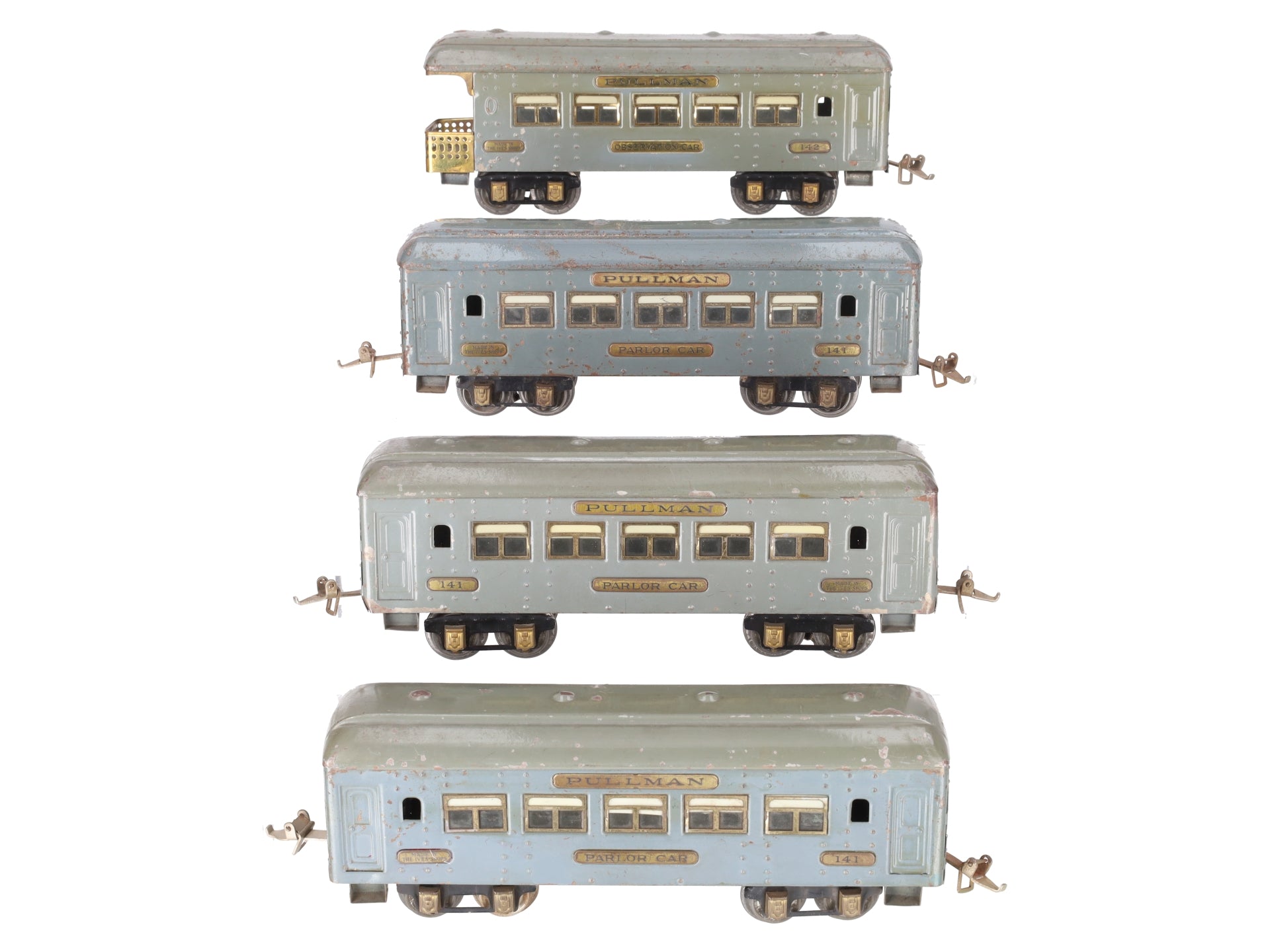 Ives 141/142 Vintage O Gray Pullman & Observation Passenger Cars [4] VG