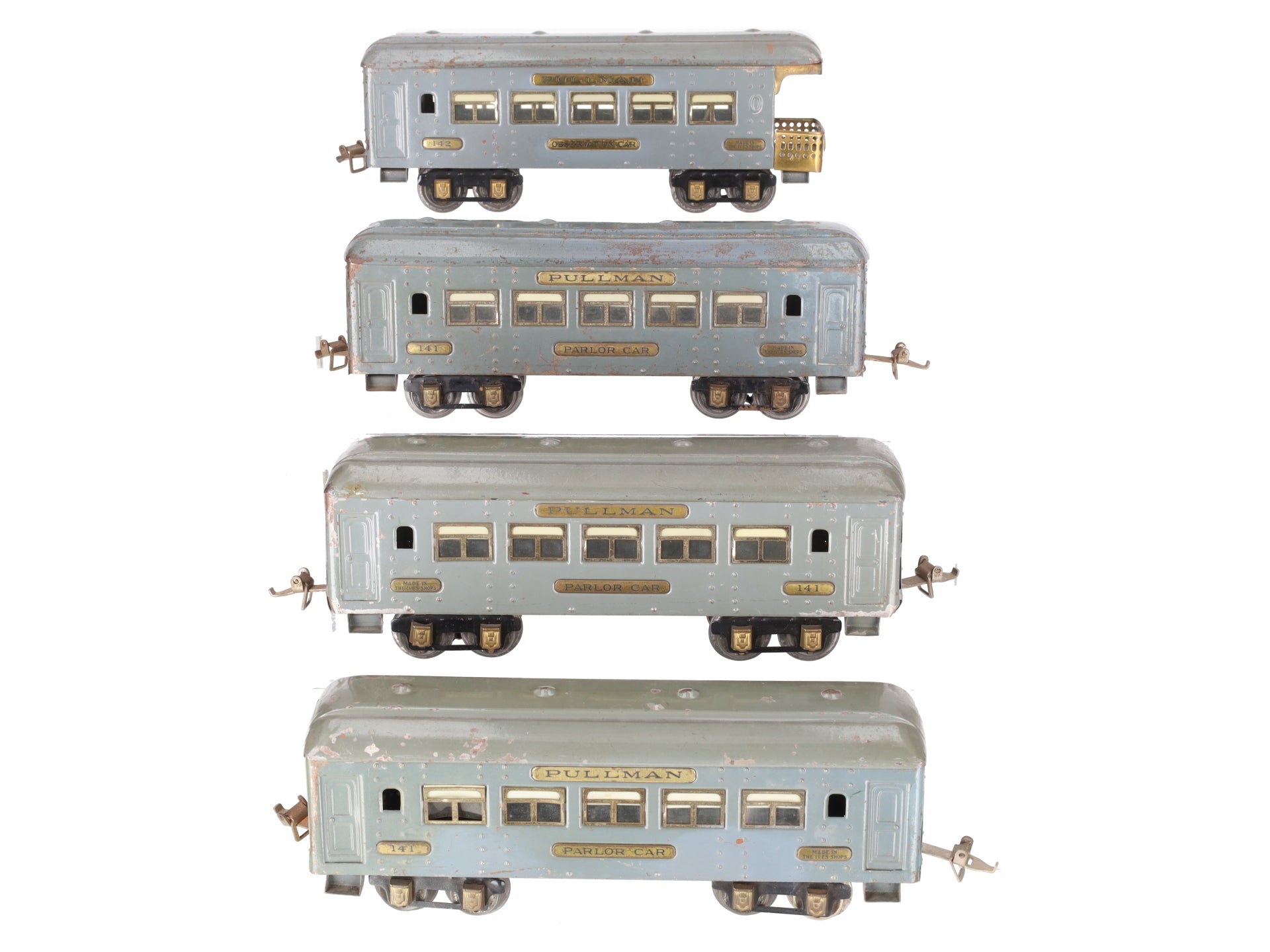 Ives 141/142 Vintage O Gray Pullman & Observation Passenger Cars [4] VG