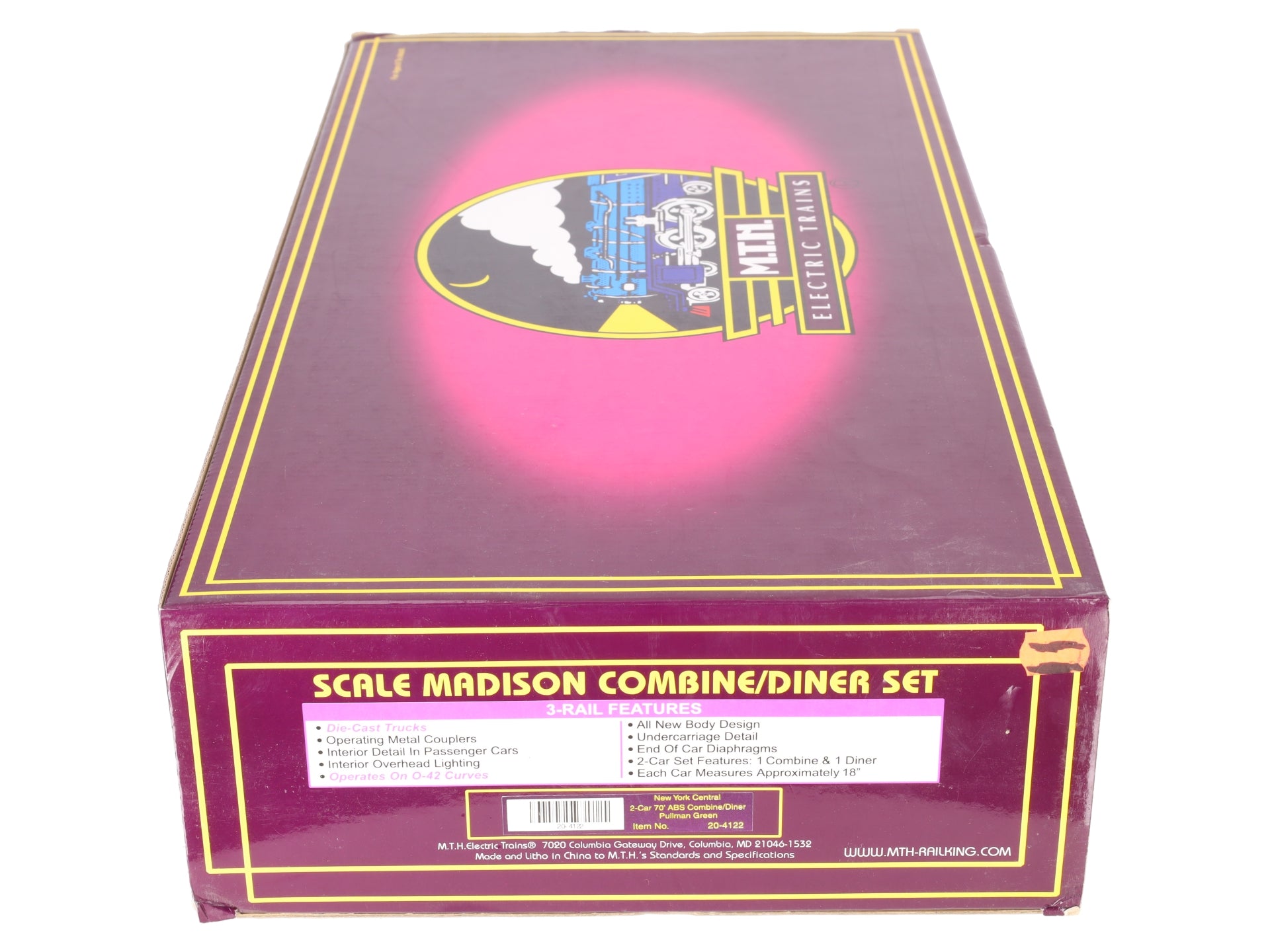 MTH 20-4122 O Gauge NYC 70' Madison Combine/Diner Passenger Car Set (Pack of 2) VG/Box