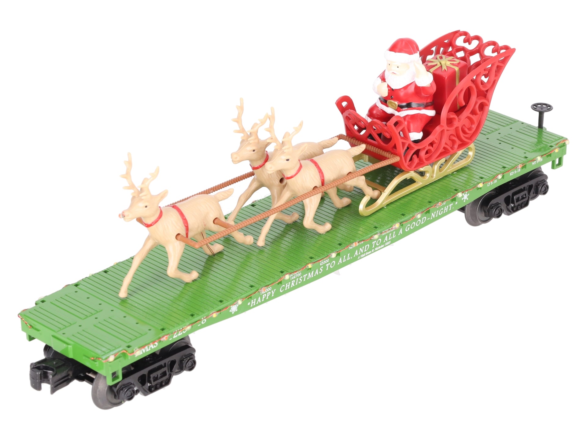 MTH 30-76741 O Christmas Flat Car w/ LED Lights, Santa Sleigh & Reindeer #122518