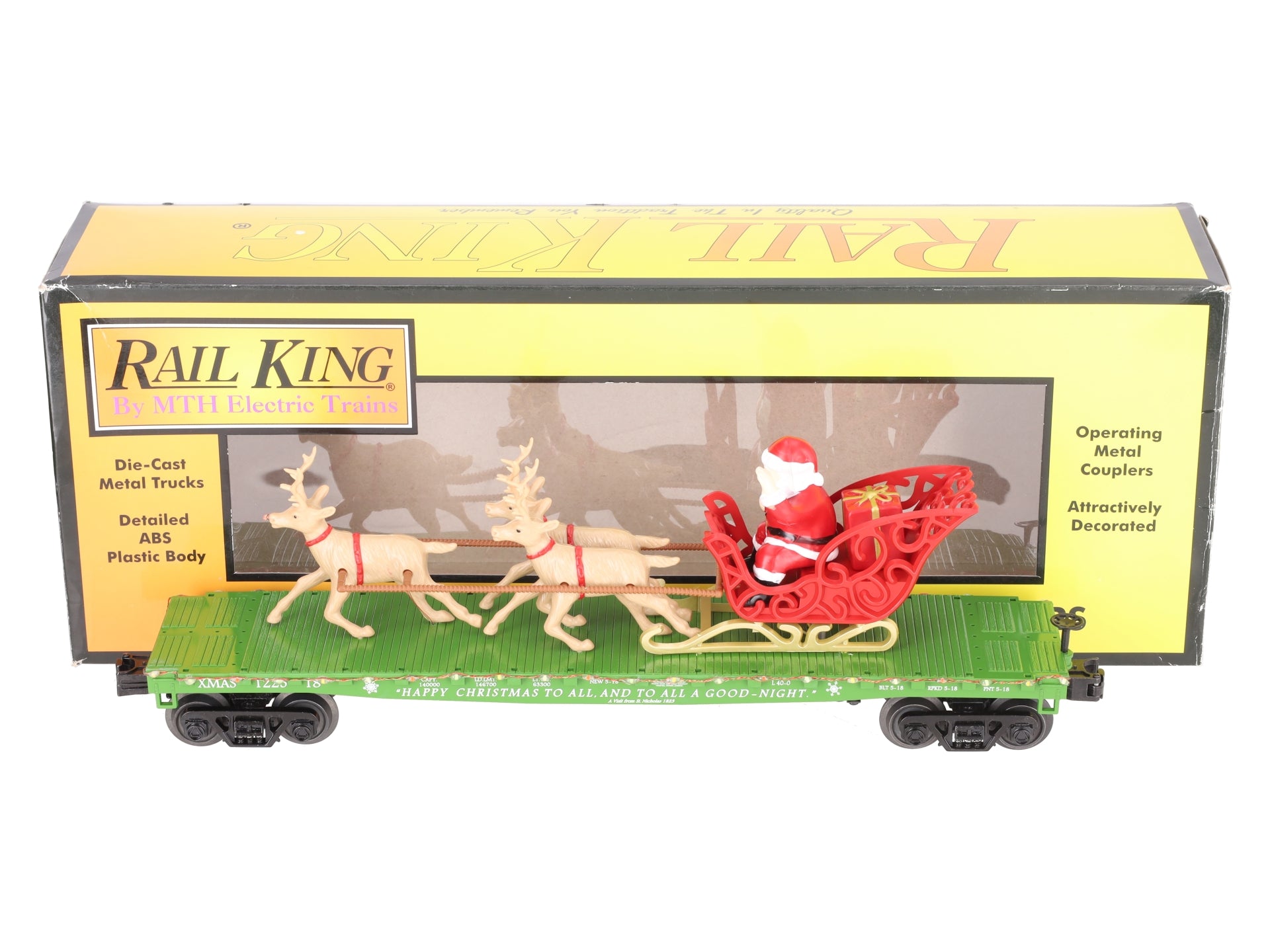 MTH 30-76741 O Christmas Flat Car w/ LED Lights, Santa Sleigh & Reindeer #122518