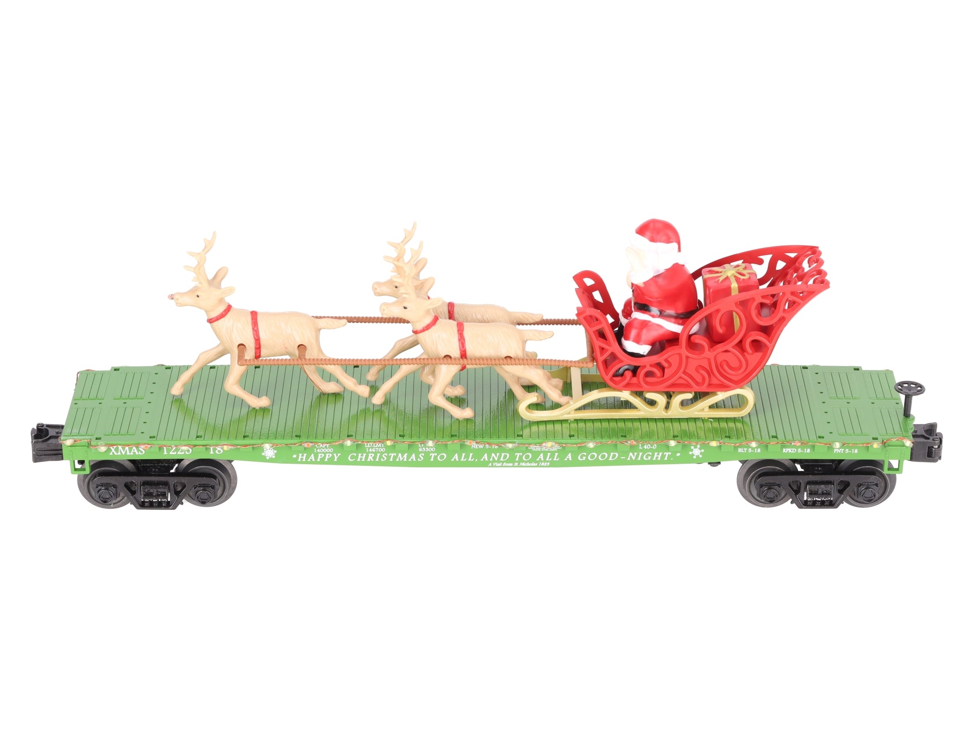 MTH 30-76741 O Christmas Flat Car w/ LED Lights, Santa Sleigh & Reindeer #122518