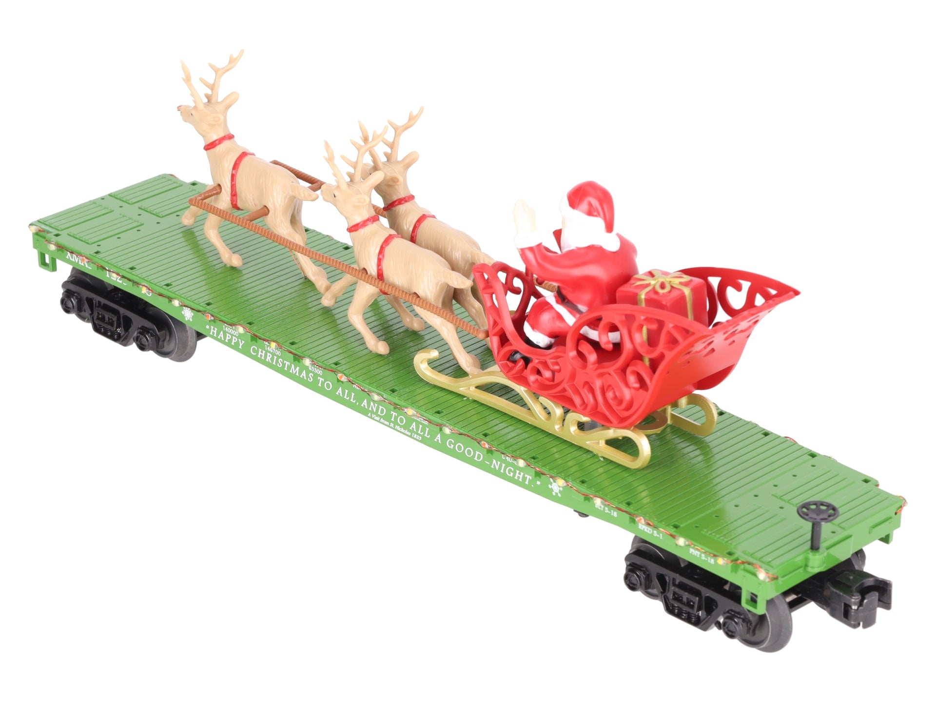 MTH 30-76741 O Christmas Flat Car w/ LED Lights, Santa Sleigh & Reindeer #122518