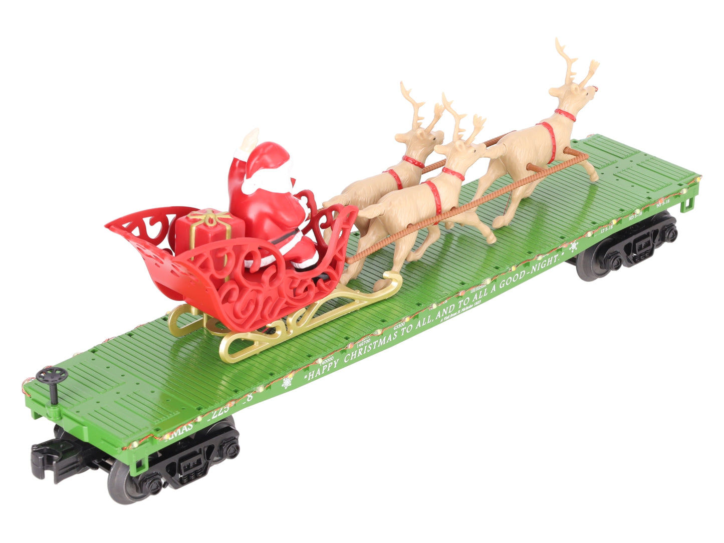 MTH 30-76741 O Christmas Flat Car w/ LED Lights, Santa Sleigh & Reindeer #122518