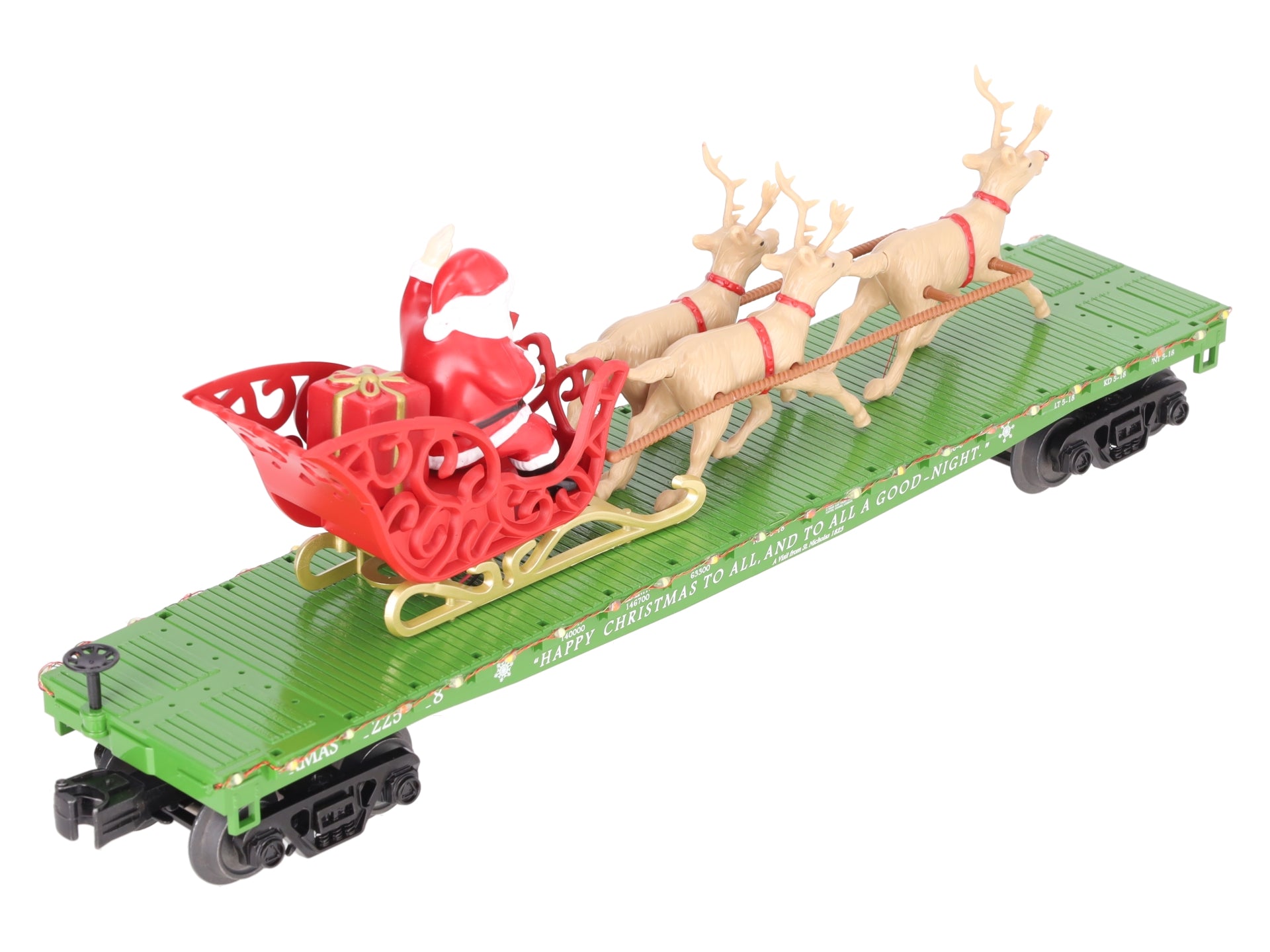 MTH 30-76741 O Christmas Flat Car w/ LED Lights, Santa Sleigh & Reindeer #122518