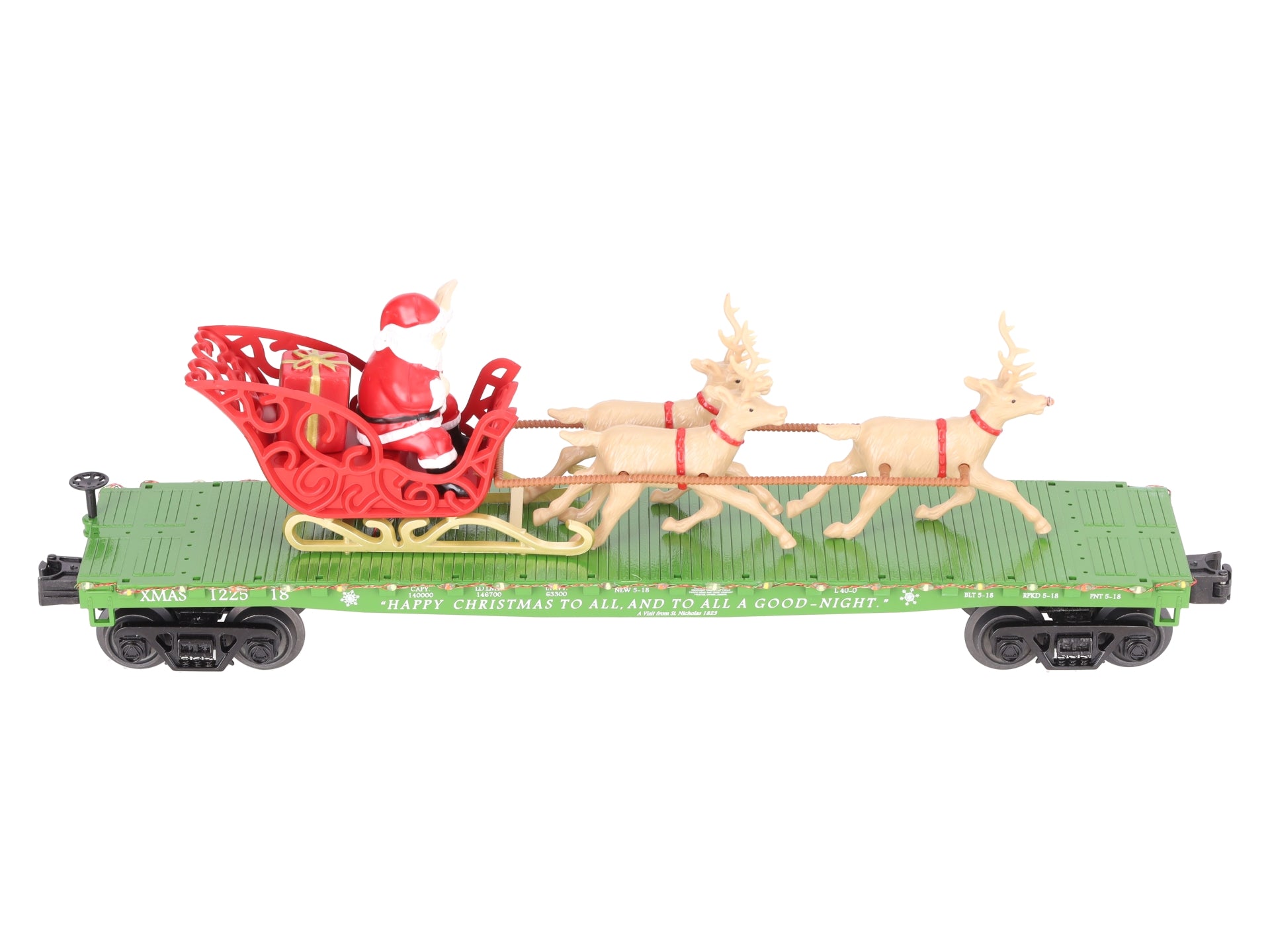 MTH 30-76741 O Christmas Flat Car w/ LED Lights, Santa Sleigh & Reindeer #122518