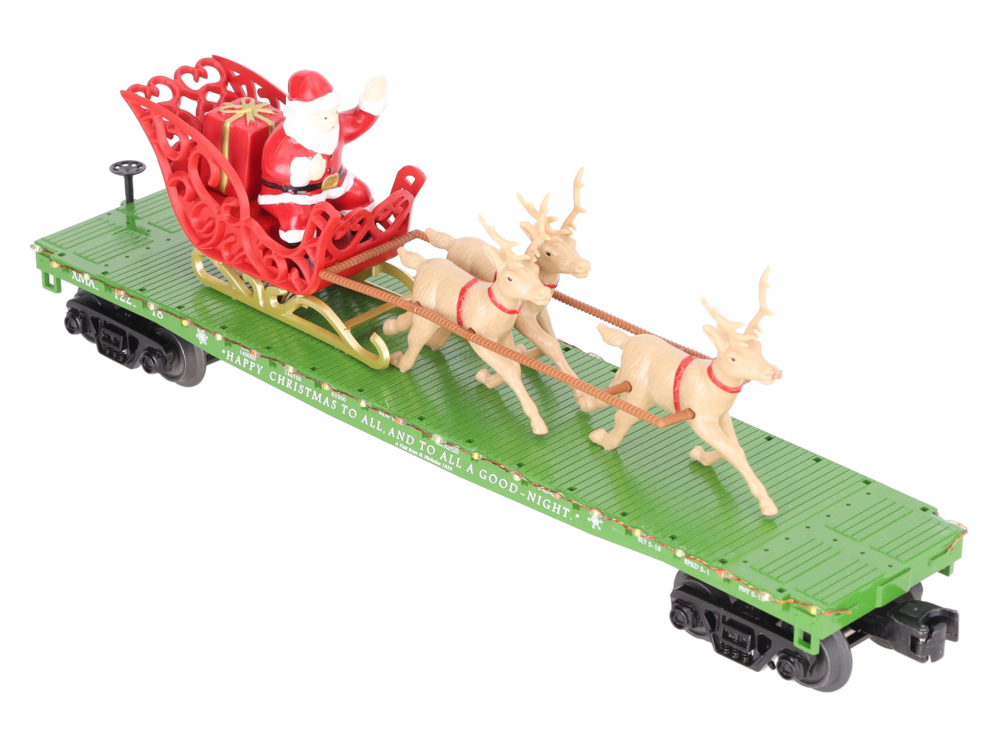 MTH 30-76741 O Christmas Flat Car w/ LED Lights, Santa Sleigh & Reindeer #122518
