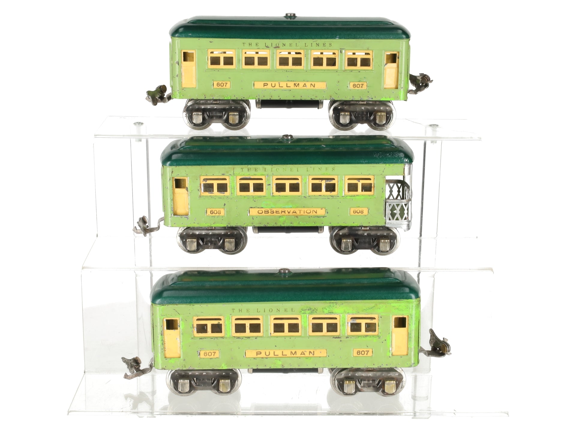 Lionel 607S Vintage O Prewar Two Tone Green Passenger Cars: 607 607 608 -Repaint