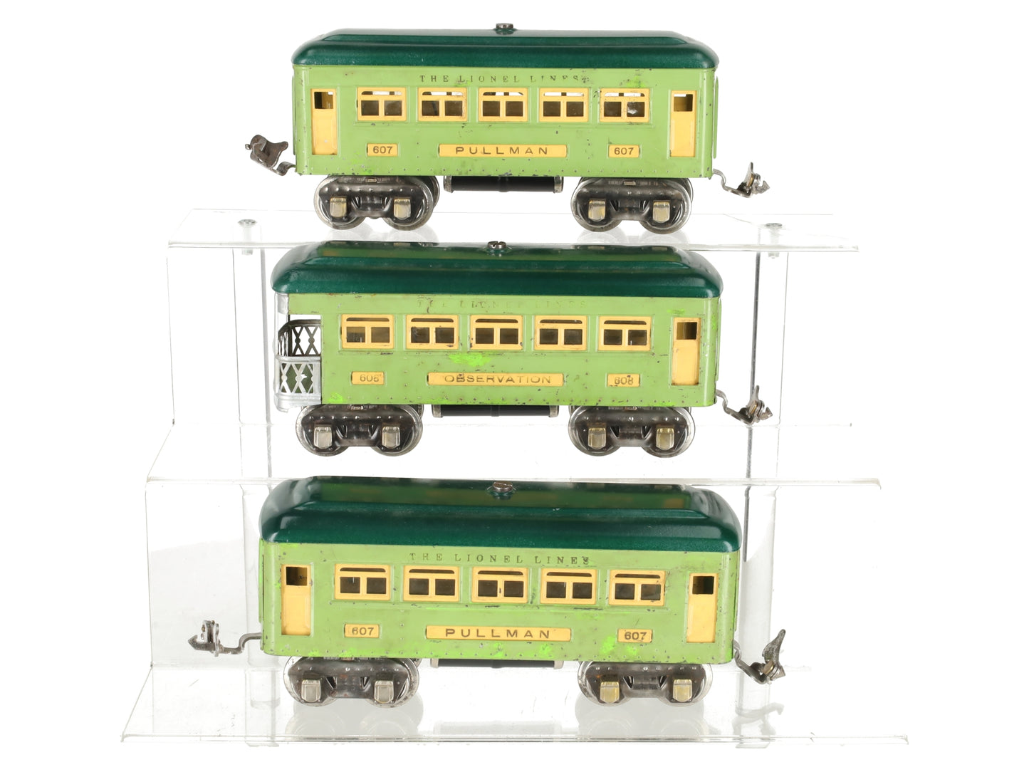 Lionel 607S Vintage O Prewar Two Tone Green Passenger Cars: 607 607 608 -Repaint