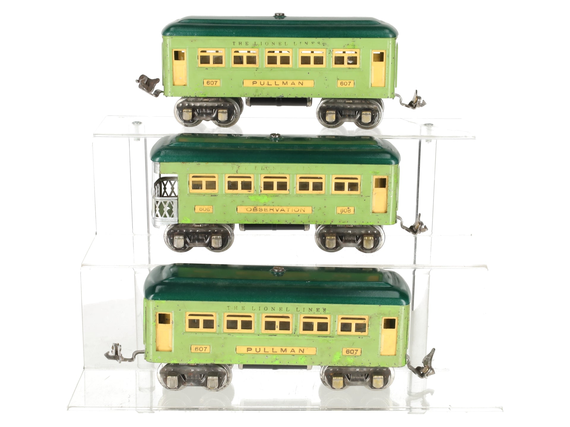 Lionel 607S Vintage O Prewar Two Tone Green Passenger Cars: 607 607 608 -Repaint
