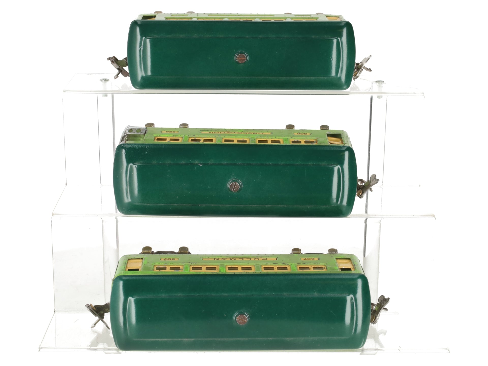 Lionel 607S Vintage O Prewar Two Tone Green Passenger Cars: 607 607 608 -Repaint