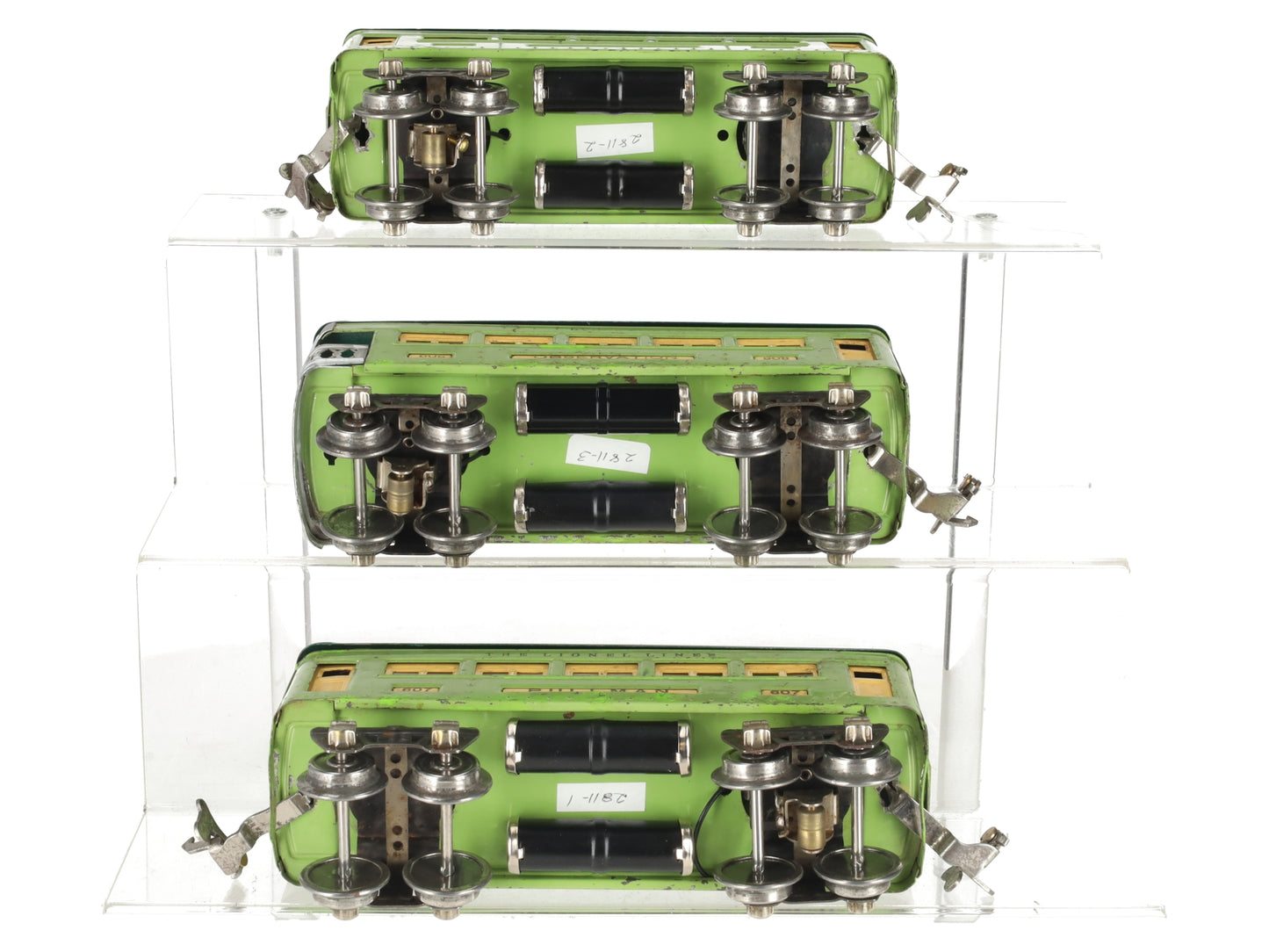 Lionel 607S Vintage O Prewar Two Tone Green Passenger Cars: 607 607 608 -Repaint