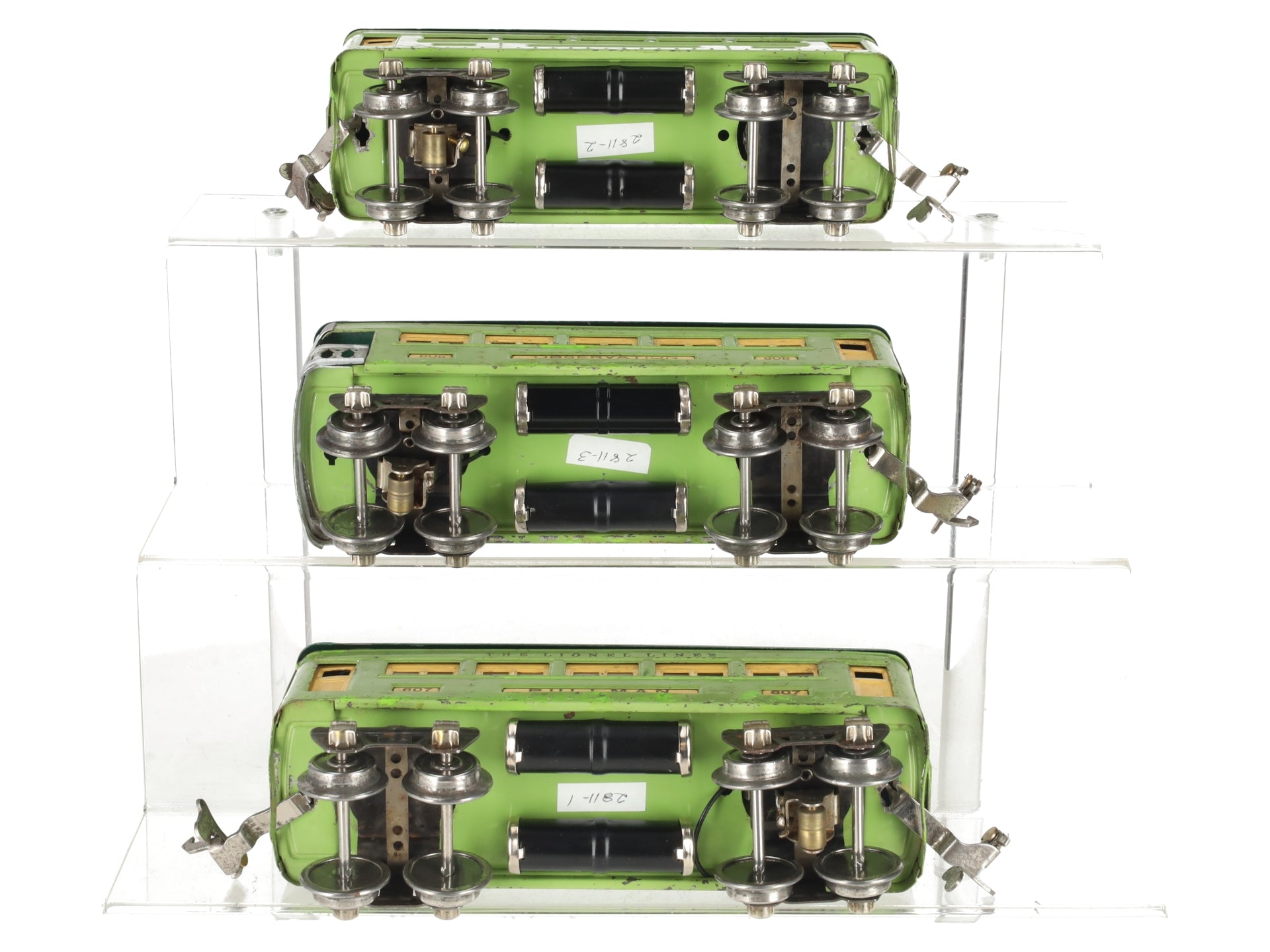 Lionel 607S Vintage O Prewar Two Tone Green Passenger Cars: 607 607 608 -Repaint