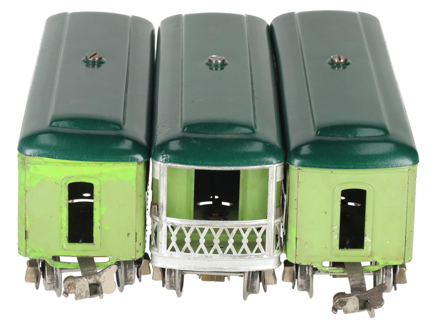 Lionel 607S Vintage O Prewar Two Tone Green Passenger Cars: 607 607 608 -Repaint
