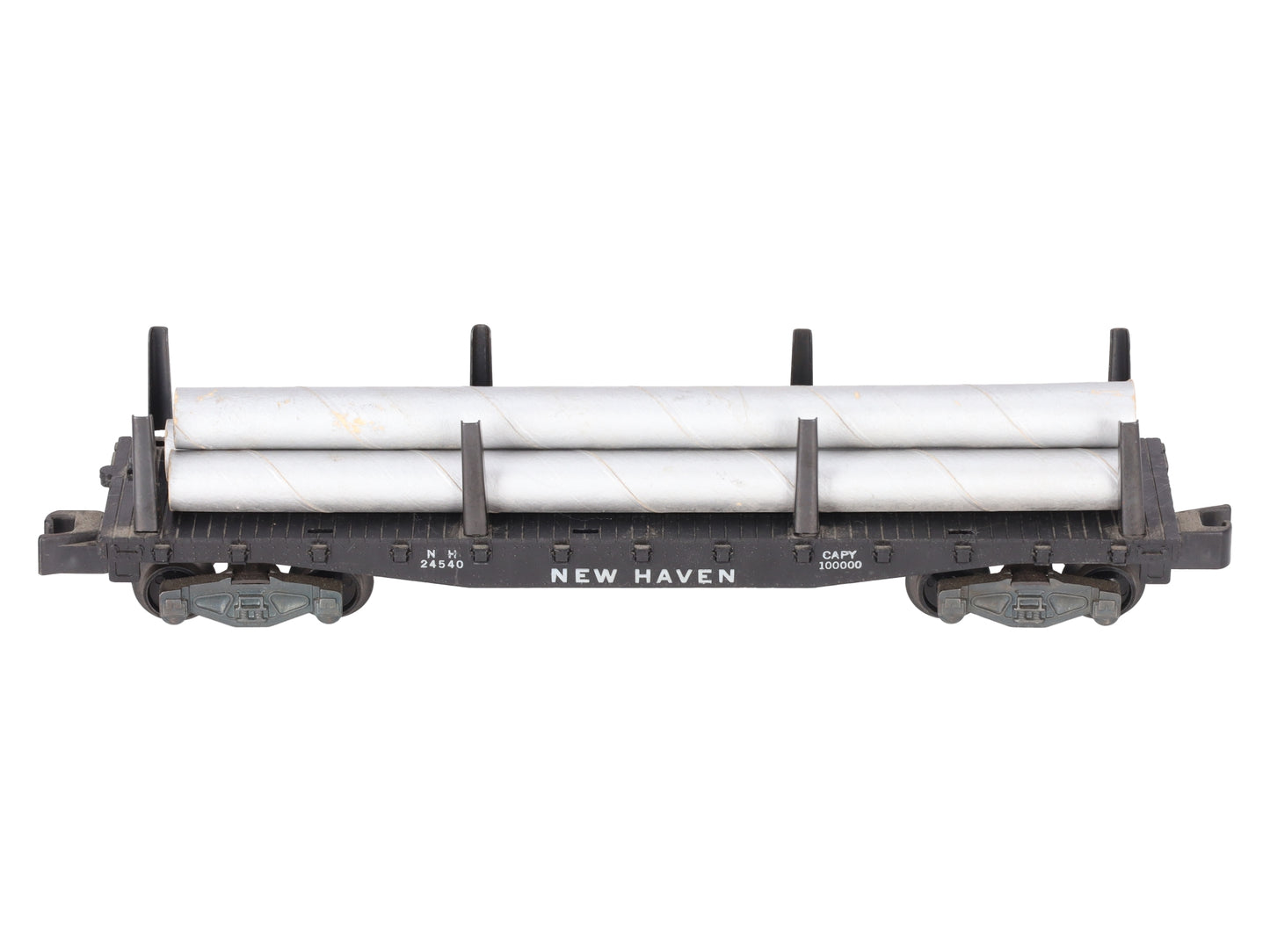 American Flyer 24540 Vintage S New Haven Flatcar w/ 3 Silver Cardboard Pipes VG
