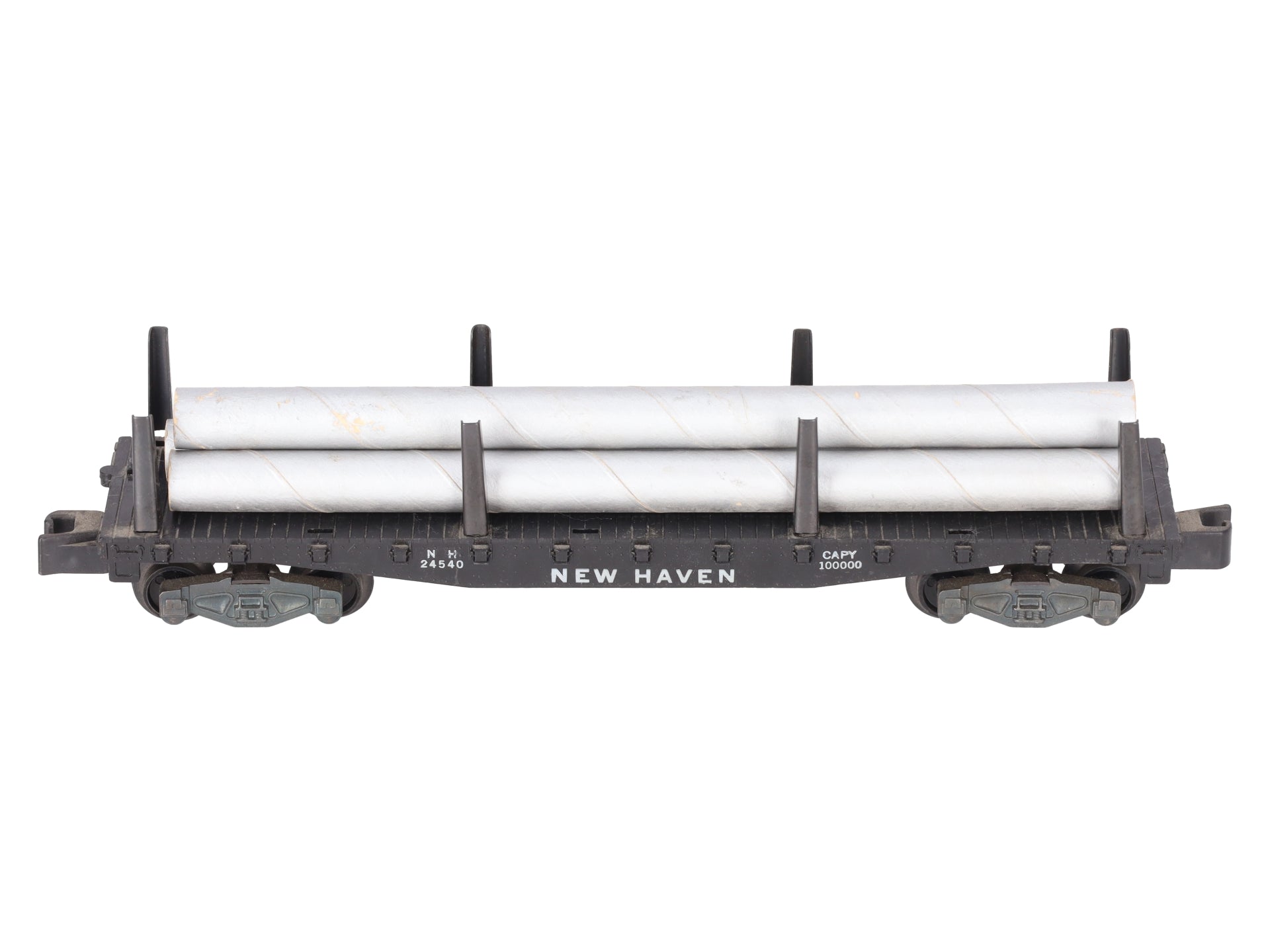 American Flyer 24540 Vintage S New Haven Flatcar w/ 3 Silver Cardboard Pipes VG