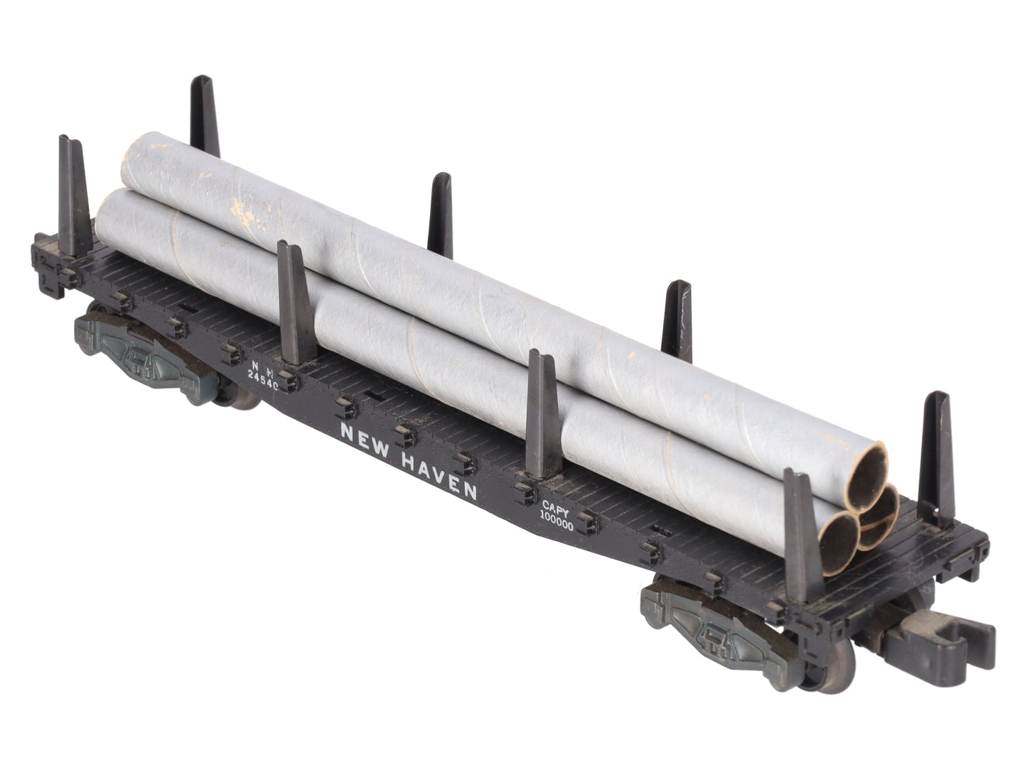 American Flyer 24540 Vintage S New Haven Flatcar w/ 3 Silver Cardboard Pipes VG