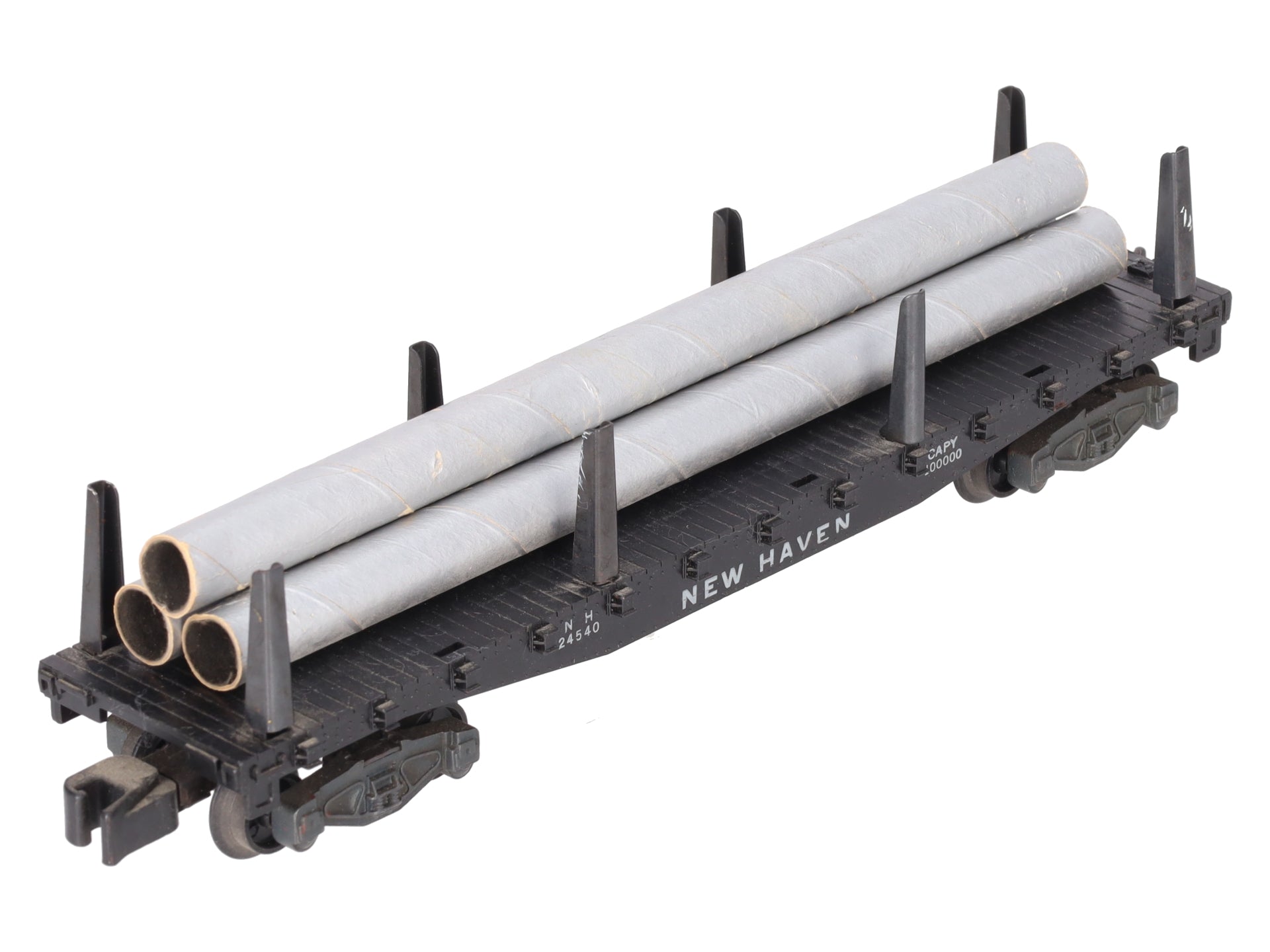 American Flyer 24540 Vintage S New Haven Flatcar w/ 3 Silver Cardboard Pipes VG