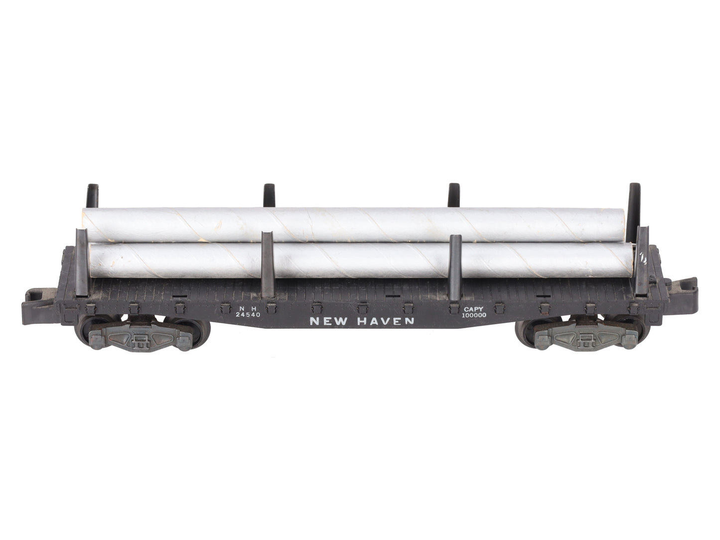 American Flyer 24540 Vintage S New Haven Flatcar w/ 3 Silver Cardboard Pipes VG