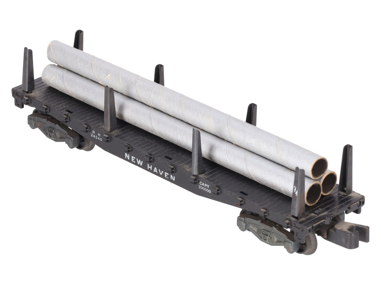 American Flyer 24540 Vintage S New Haven Flatcar w/ 3 Silver Cardboard Pipes VG