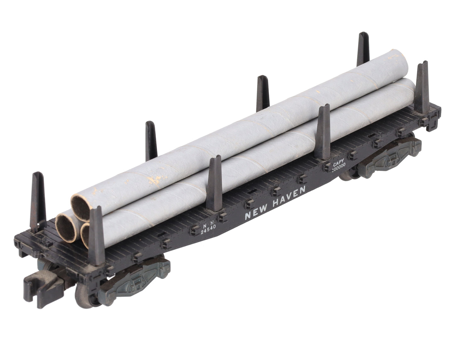 American Flyer 24540 Vintage S New Haven Flatcar w/ 3 Silver Cardboard Pipes VG