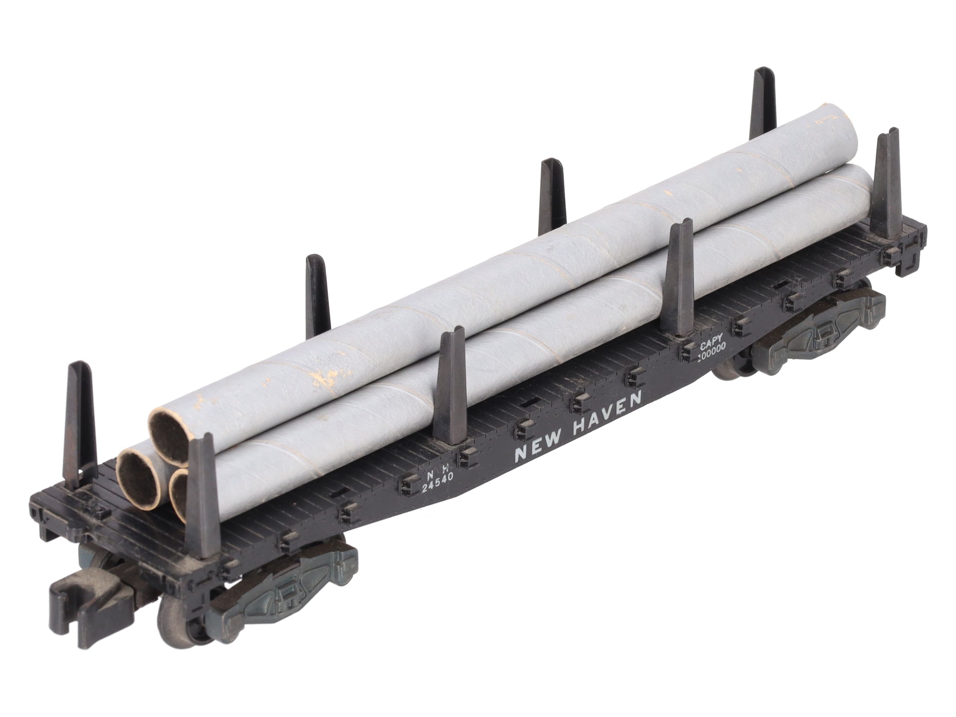 American Flyer 24540 Vintage S New Haven Flatcar w/ 3 Silver Cardboard Pipes VG