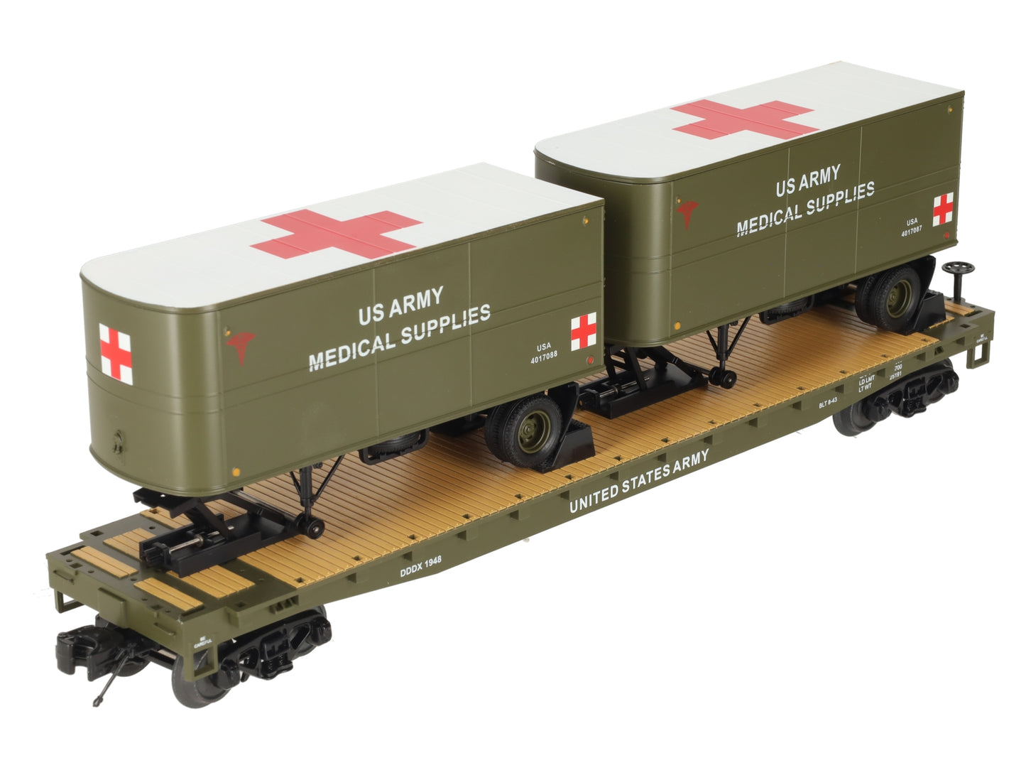 MTH 20-95405 O Gauge U.S. Army Flatcar w/ 2 PUP Trailers #1948 LN/Box