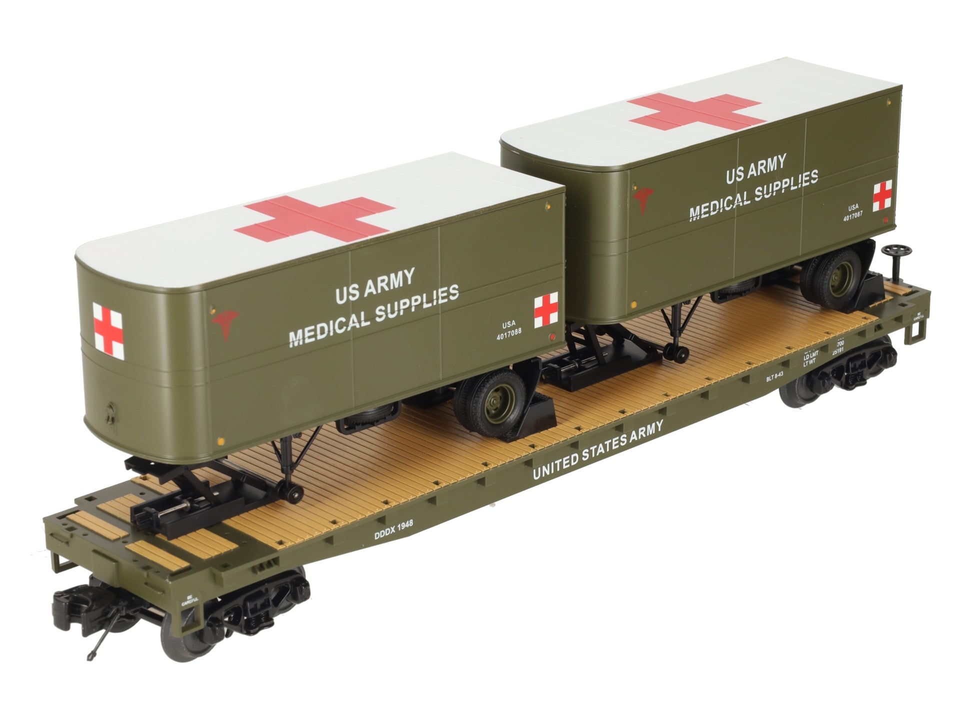 MTH 20-95405 O Gauge U.S. Army Flatcar w/ 2 PUP Trailers #1948 LN/Box