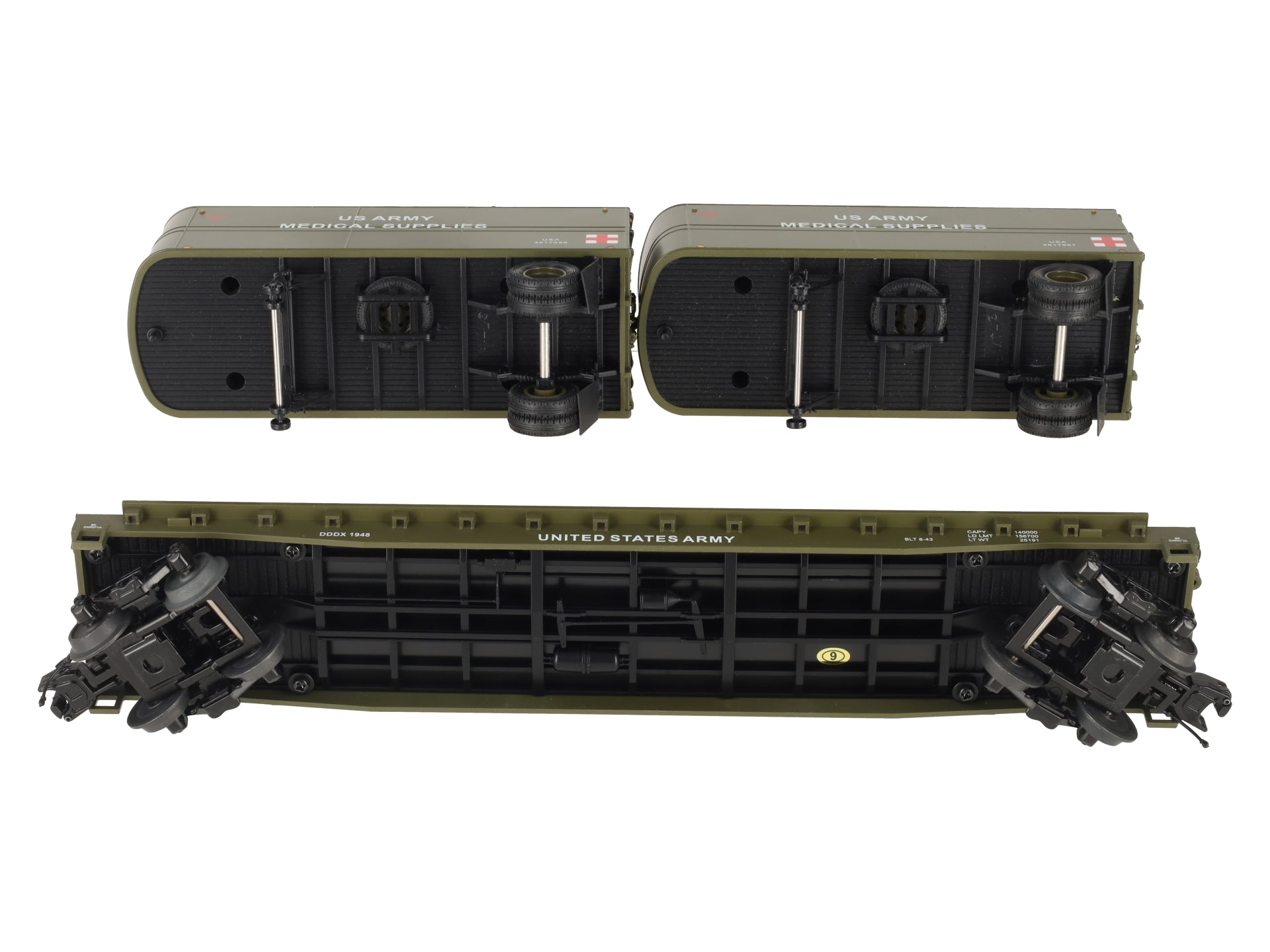 MTH 20-95405 O Gauge U.S. Army Flatcar w/ 2 PUP Trailers #1948 LN/Box