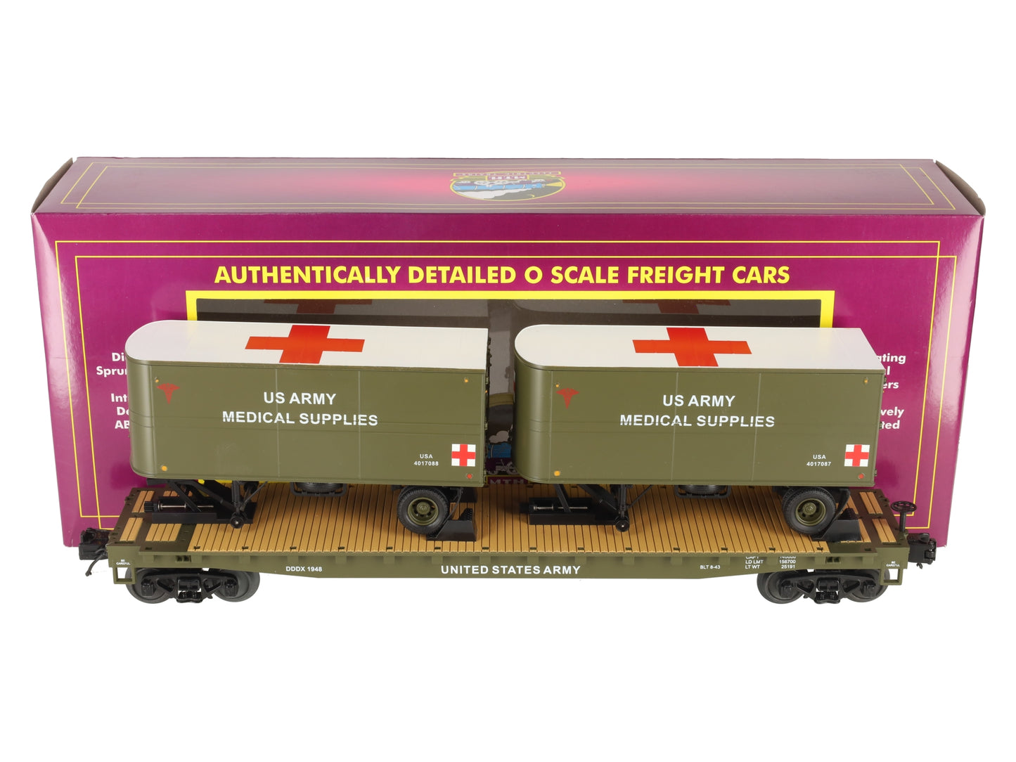 MTH 20-95405 O Gauge U.S. Army Flatcar w/ 2 PUP Trailers #1948 LN/Box