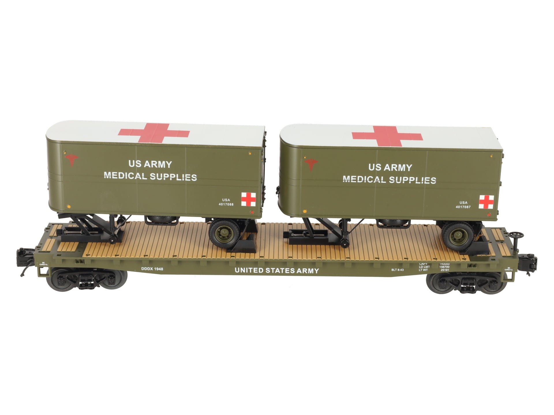 MTH 20-95405 O Gauge U.S. Army Flatcar w/ 2 PUP Trailers #1948 LN/Box
