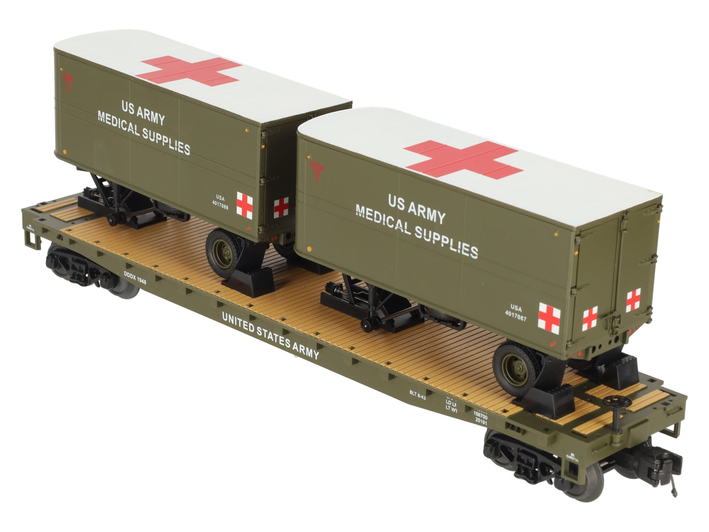 MTH 20-95405 O Gauge U.S. Army Flatcar w/ 2 PUP Trailers #1948 LN/Box