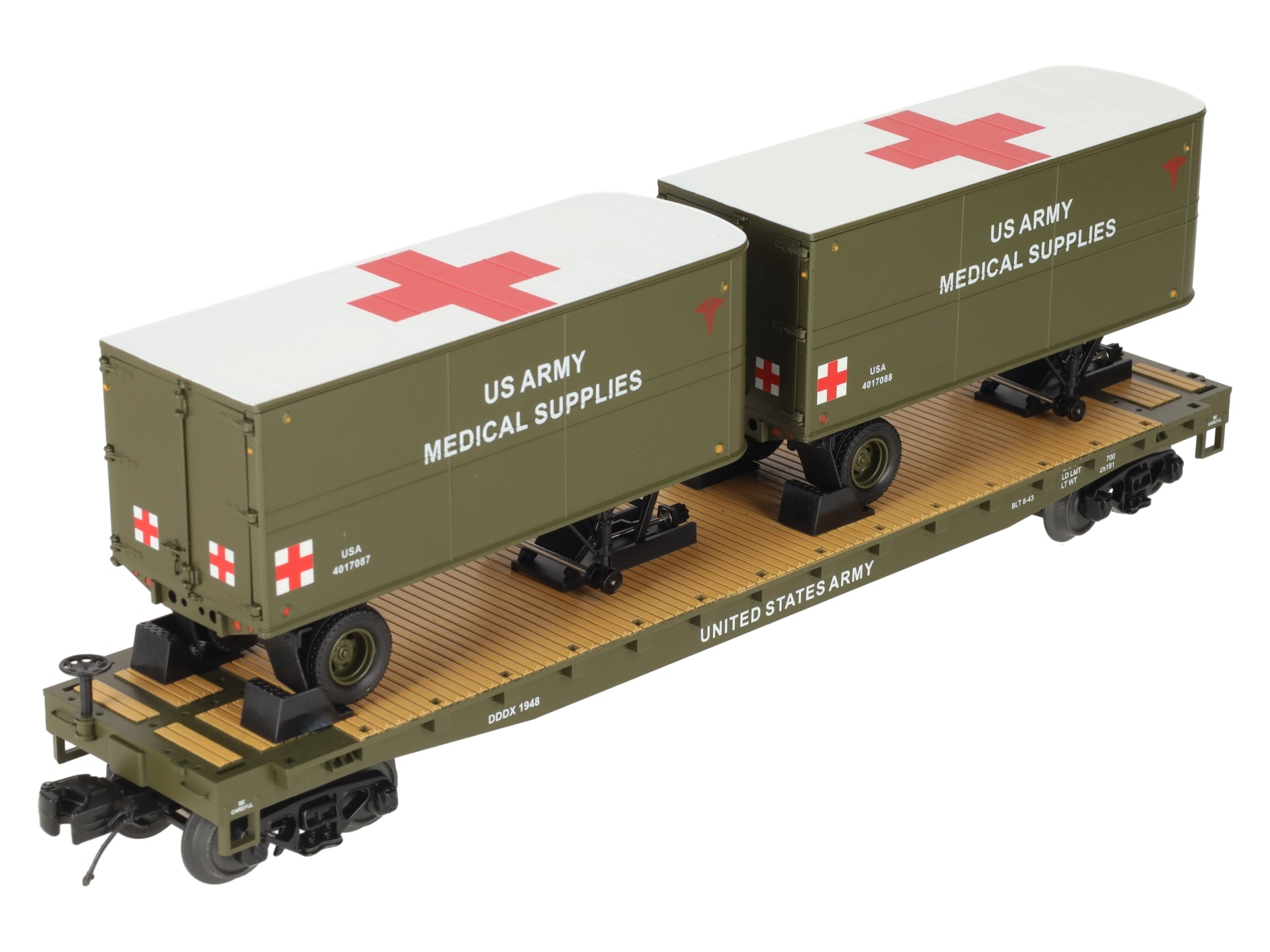 MTH 20-95405 O Gauge U.S. Army Flatcar w/ 2 PUP Trailers #1948 LN/Box