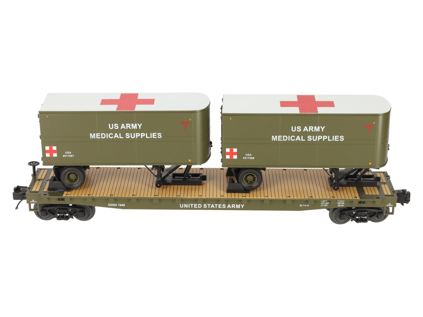 MTH 20-95405 O Gauge U.S. Army Flatcar w/ 2 PUP Trailers #1948 LN/Box