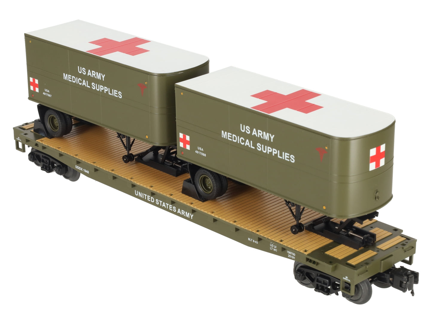 MTH 20-95405 O Gauge U.S. Army Flatcar w/ 2 PUP Trailers #1948 LN/Box